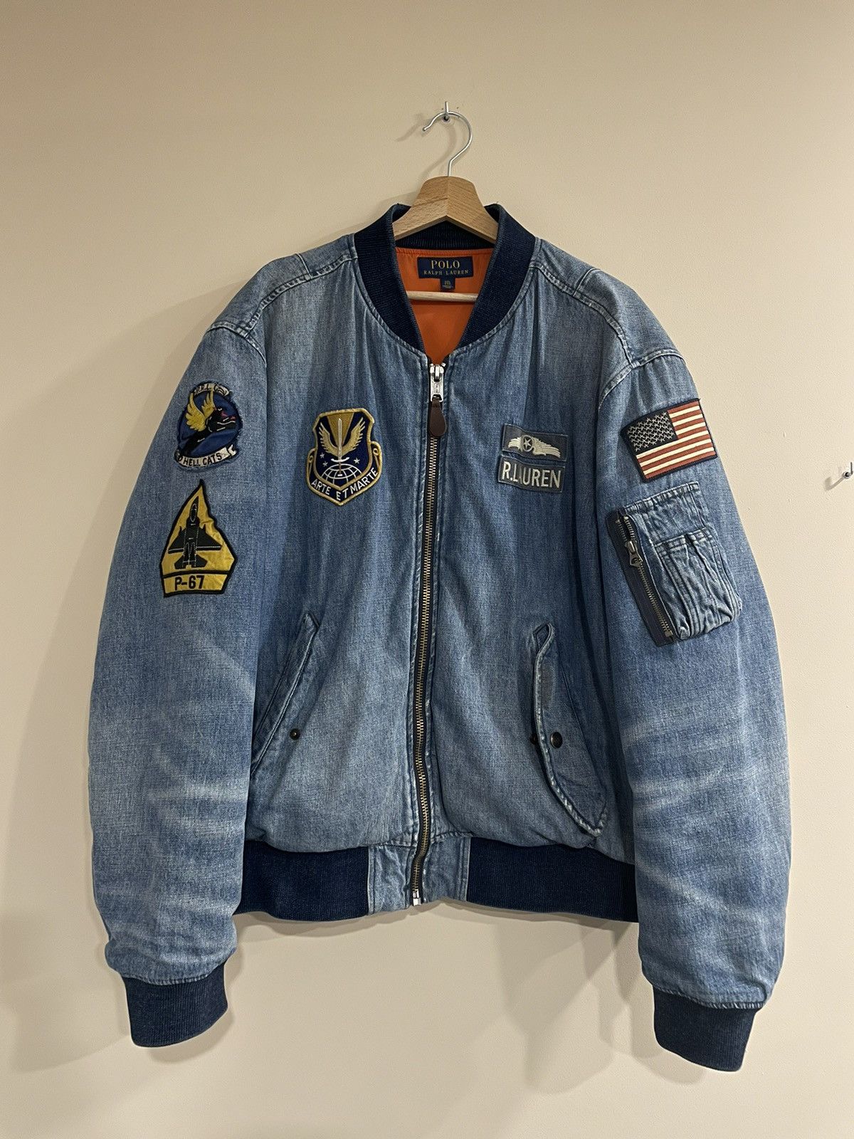 image of Vintage Polo Ralph Laurent Denim Ma-1 Patch Bomber, Men's (Size 2XL)