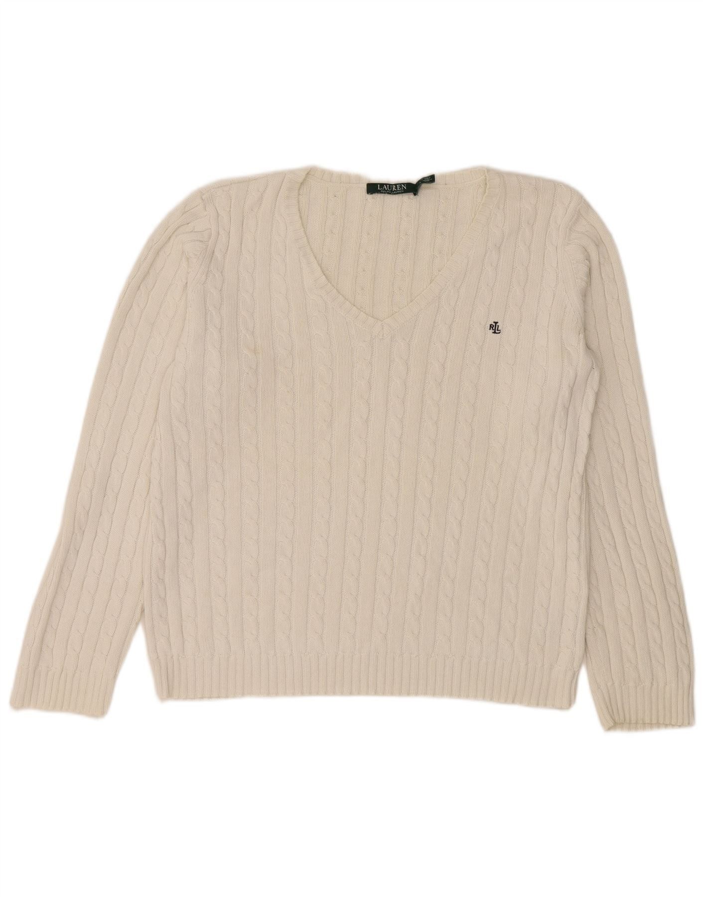 Ralph Lauren Womens V-Neck Jumper Sweater UK 16 Large White Cotton Size L / US 10 / IT 46 - 1 Thumbnail