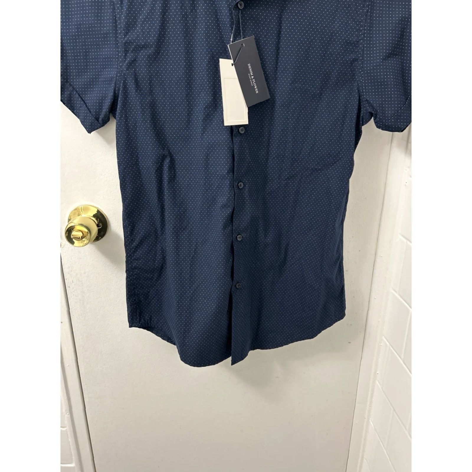 Denime DENIM & FLOWER Shirt Mens XS Blue Short Sleeve Button-Down NWT Polka Dot Floral Collar Slim Fit Size US XS / EU 42 / 0 - 3 Thumbnail