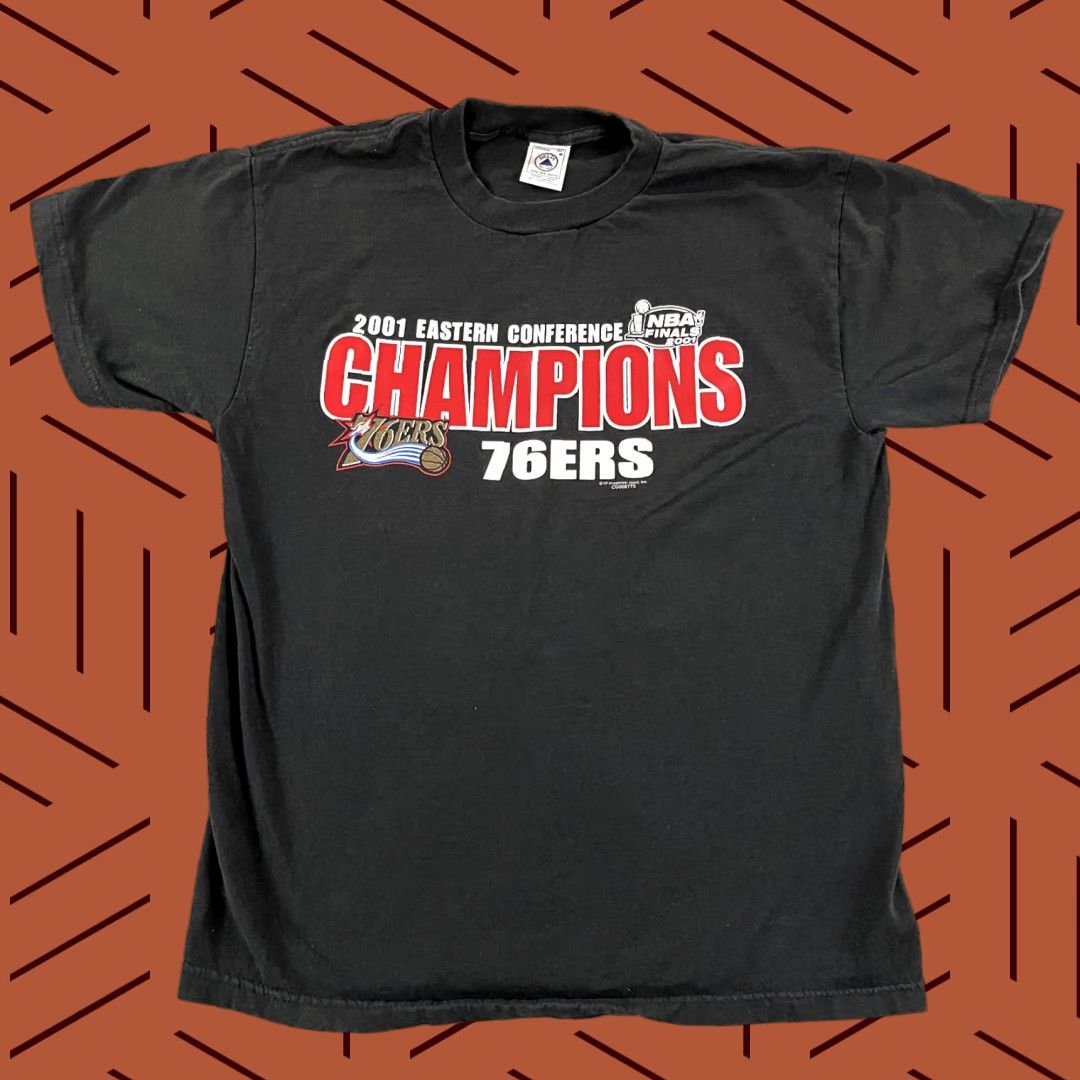Delta VINTAGE Philadelphia 76ers Shirt Mens M 2001 Eastern Conference Champions Black Cotton Graphic Print Logo Crew Neck Short Sleeve T-Shirt Men Size US M / EU 48-50 / 2 - 1 Thumbnail