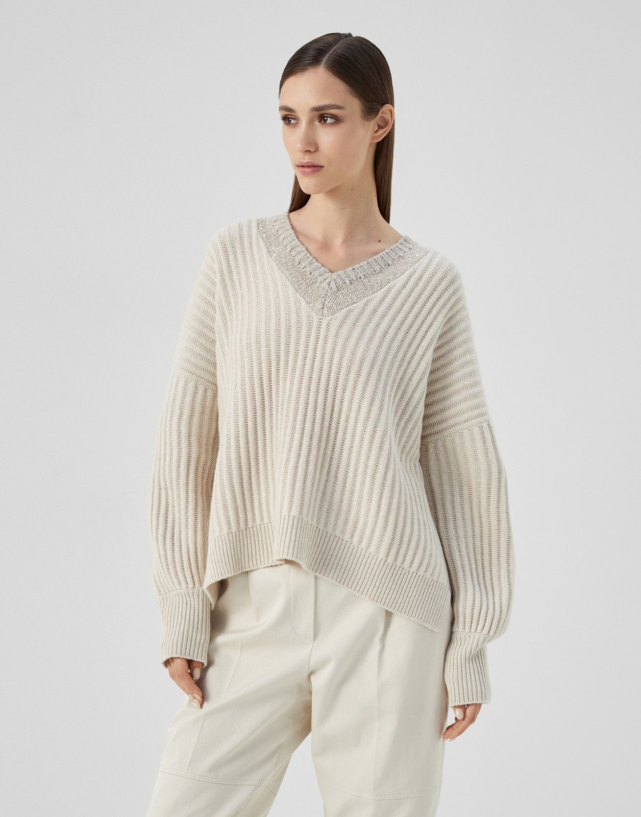 Brunello Cucinelli o1la1rc1a0225 Cashmere Sweater in Grey/Ivory Size XL / US 12-14 / IT 48-50 - 1 Thumbnail
