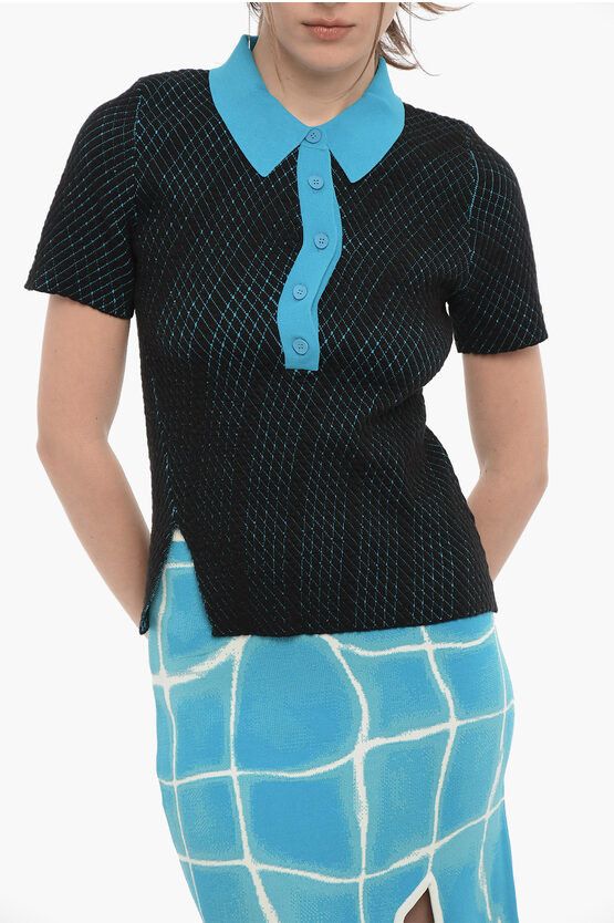 image of Ph5 5-Buttons Two-Tone Polo Shirt in Blu/Nero, Women's (Size Small)