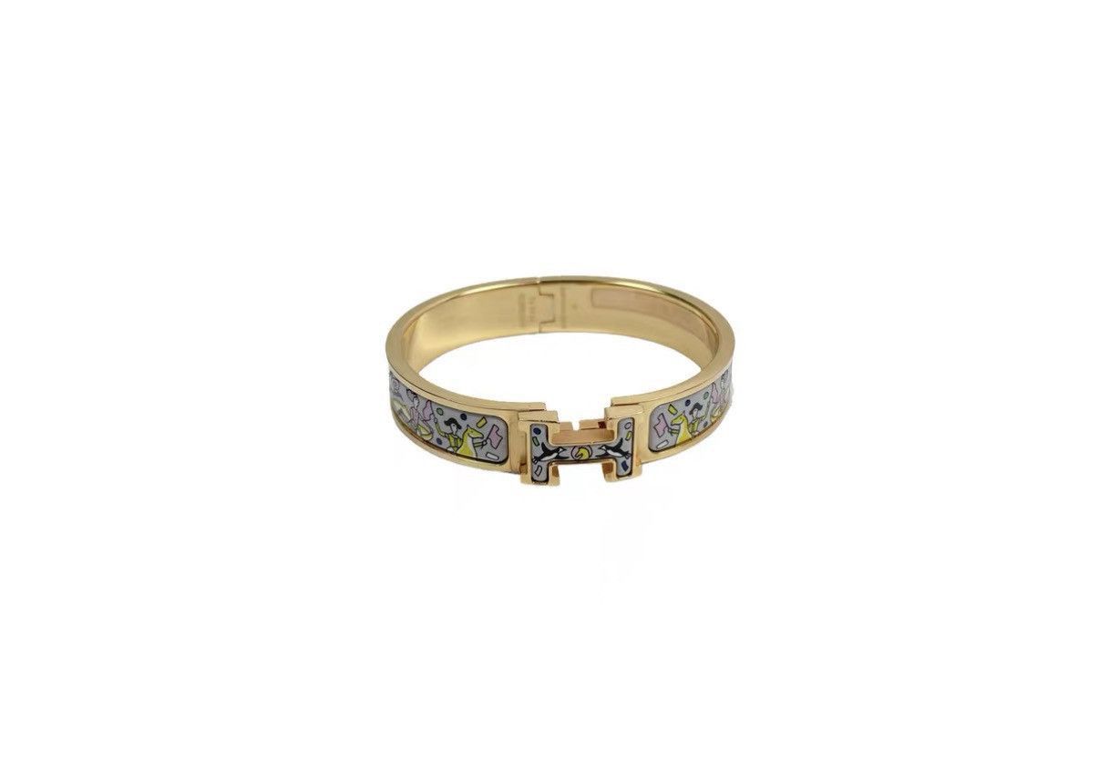 Hermes Gold Enamel Hinge Bracelet with Colorful Patterns Size ONE SIZE - 1 Thumbnail