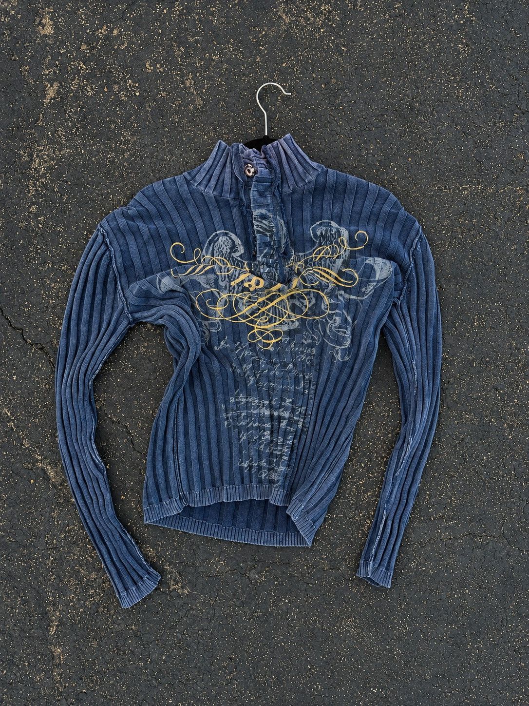 I.N.C Navy blue ribbed long sleeve top with gold embroidery Size US M / EU 48-50 / 2 - 1 Thumbnail