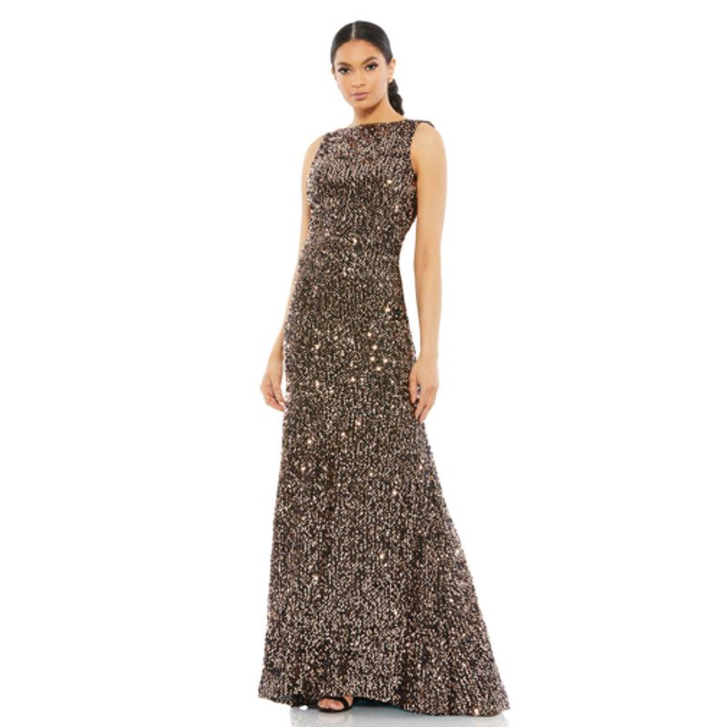 image of Designer Mac Duggal Bronze Cowl Back Boat Neck Sequin Formal Gown 14 in Gold, Women's (Size XL)