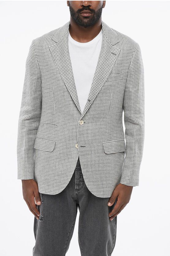 Half-lined Linen Blend Blazer with Houndstooth Motif