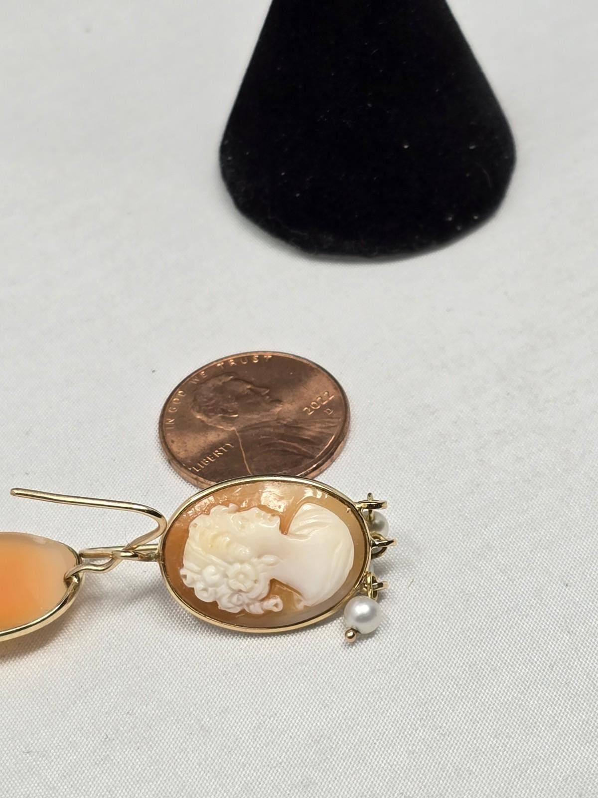 Camel Vintage 14k Gold Shell Cameo Earrings Pearl Dangle Size ONE SIZE - 5 Thumbnail