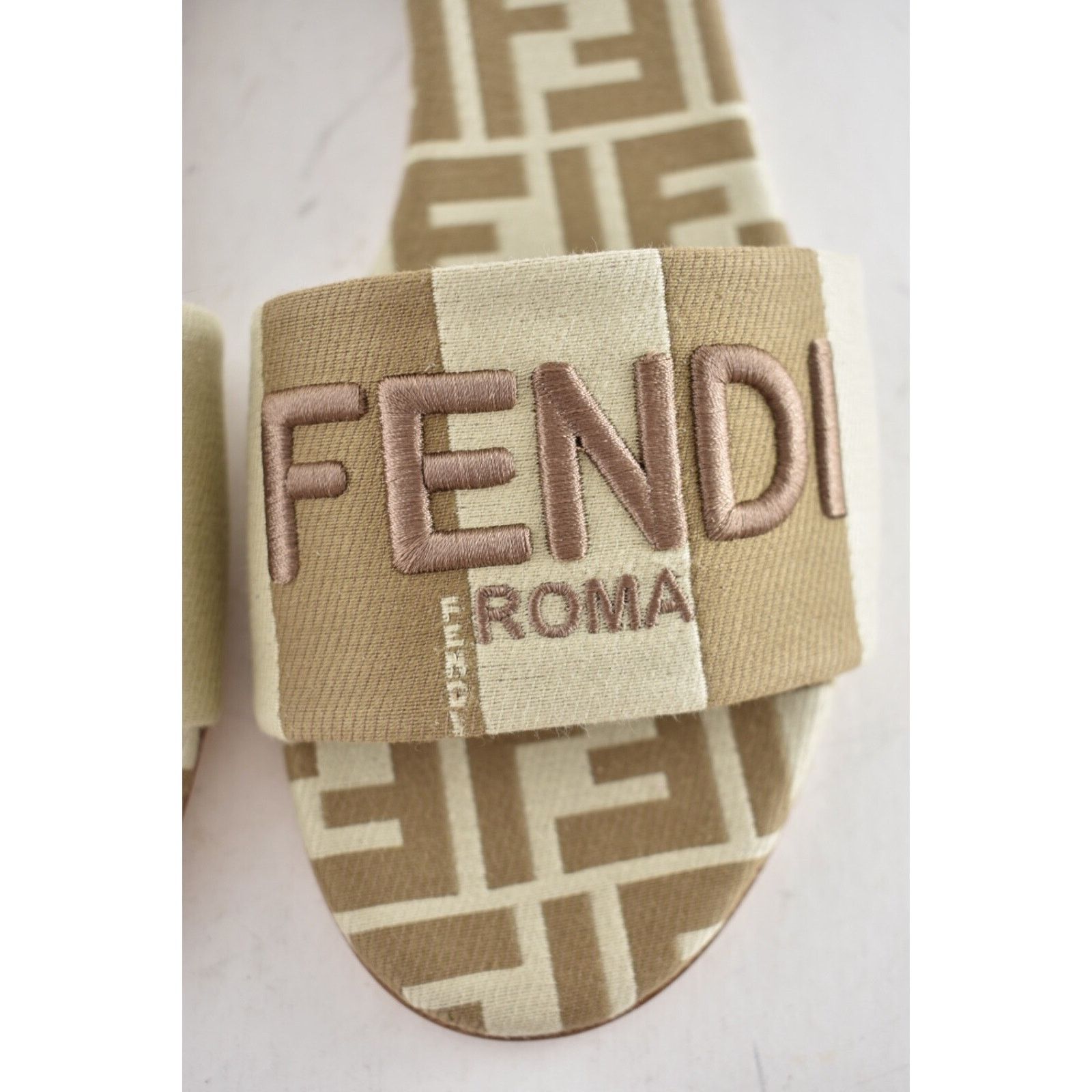 Fendi Fendi Beige Sand Striped FF Monogram Logo Mule Slide Flat Size US 8 / IT 38 - 8 Thumbnail