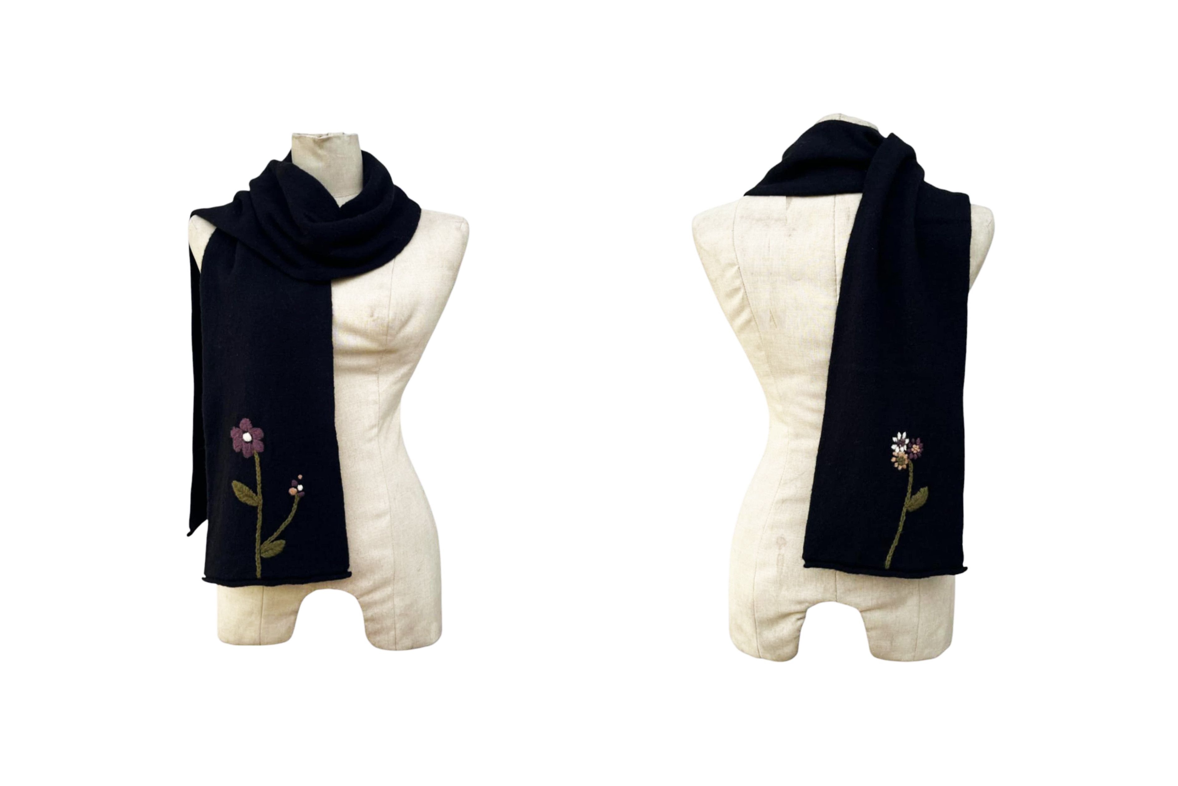Vintage "Jocomomola" wool long scarf with florals hand embroidery Size ONE SIZE - 6 Thumbnail
