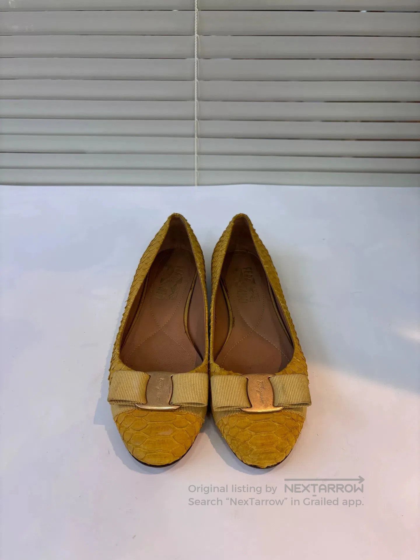 Salvatore Ferragamo Ferragamo Yellow Snake Skin Flat Shoes. Size US 5.5 / IT 35.5 - 1 Thumbnail