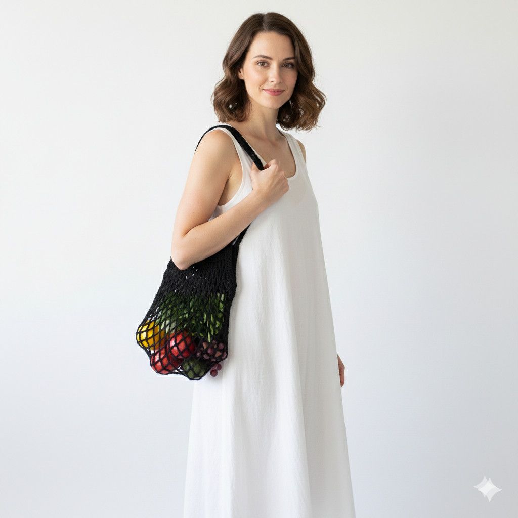Handmade Handmade Black Net Bag Farmers Market Crochet French Sack Size ONE SIZE - 3 Thumbnail