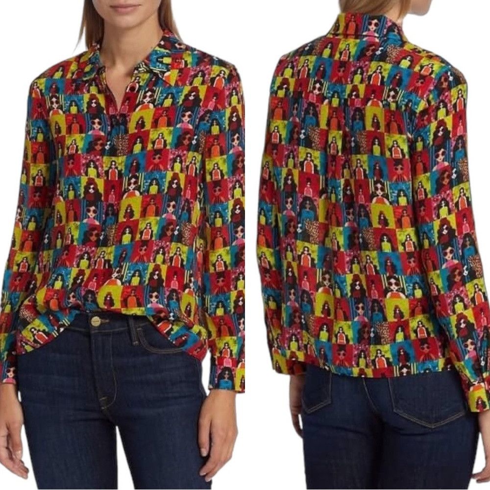 Alice + Olivia ALICE + OLIVIA WILLA CHECKERED GRAPHIC SILK BUTTON UP SHIRT Size XS / US 0-2 / IT 36-38 - 8 Thumbnail