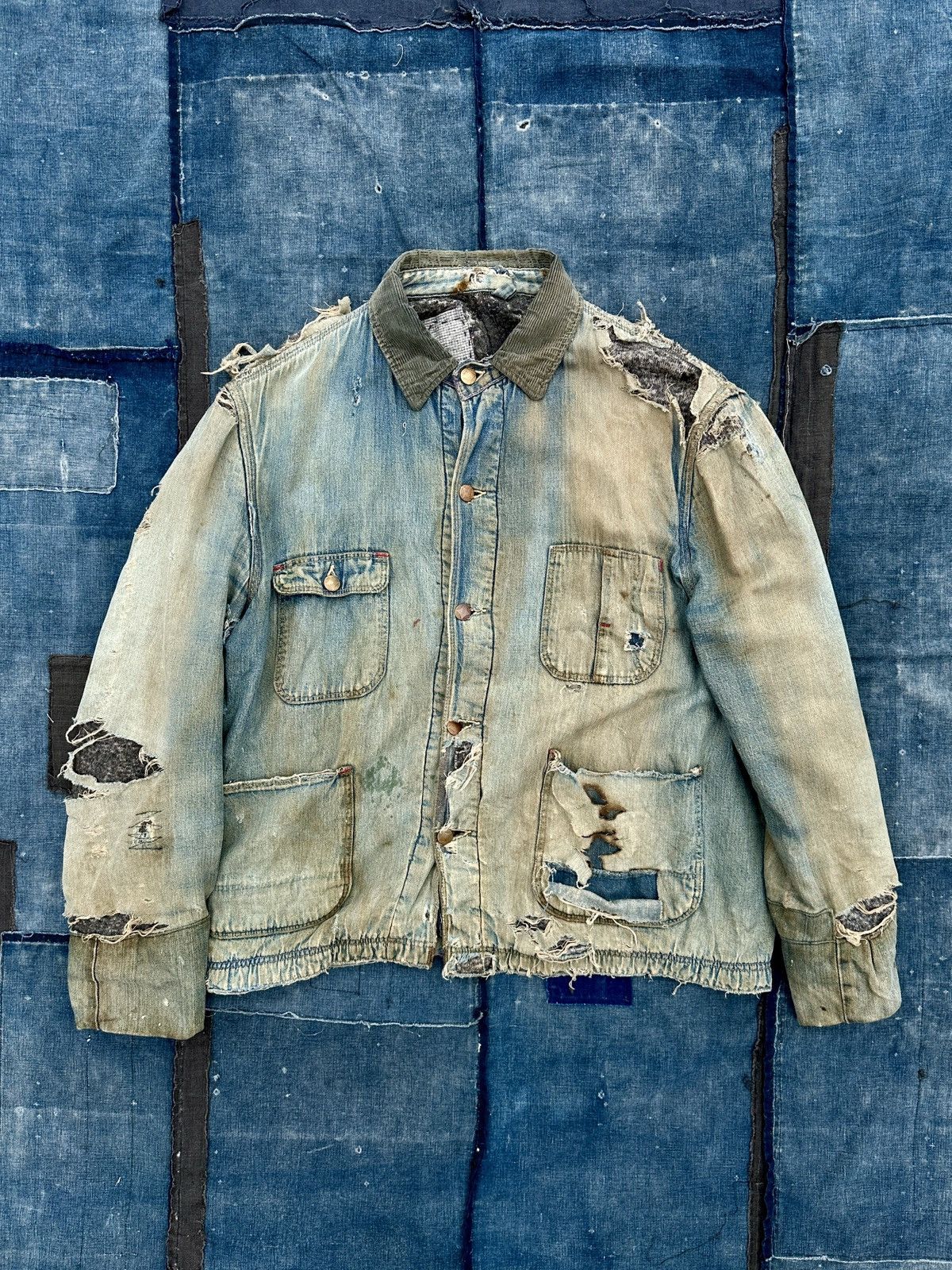 Vintage Trashed 40s-50s zombie blanket denim distressed chore jkt Size US L / EU 52-54 / 3 - 1 Thumbnail