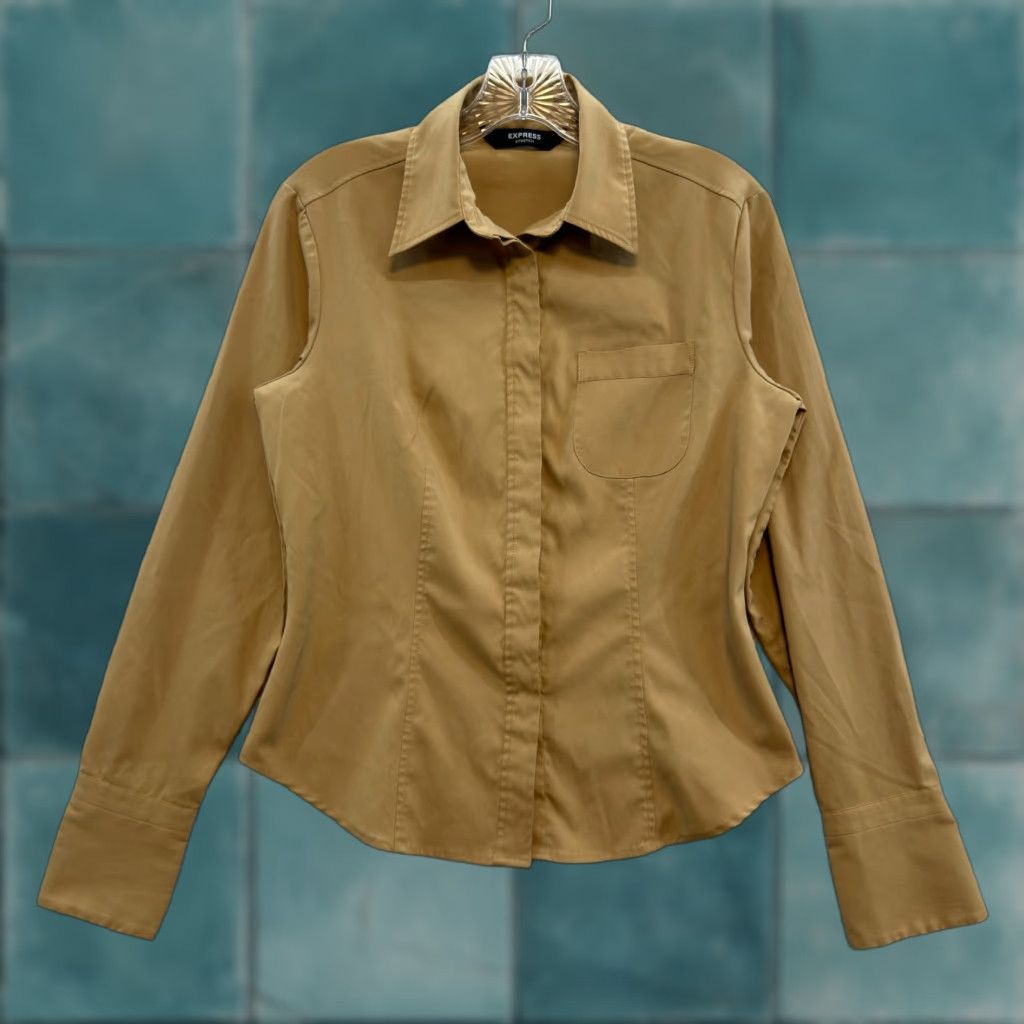 Express VINTAGE Y2K Express Dress Shirt Medium Khaki Tan Button Blouse Corpcore Career Shirt M Beige Mens/Boys? Size M / US 6-8 / IT 42-44 - 1 Thumbnail