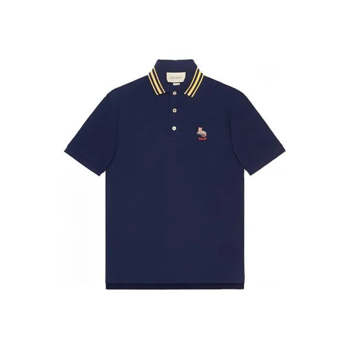 Gucci Gucci Blue Short Sleeve Polo with Cat Patch Size US L / EU 52-54 / 3 - 1 Thumbnail