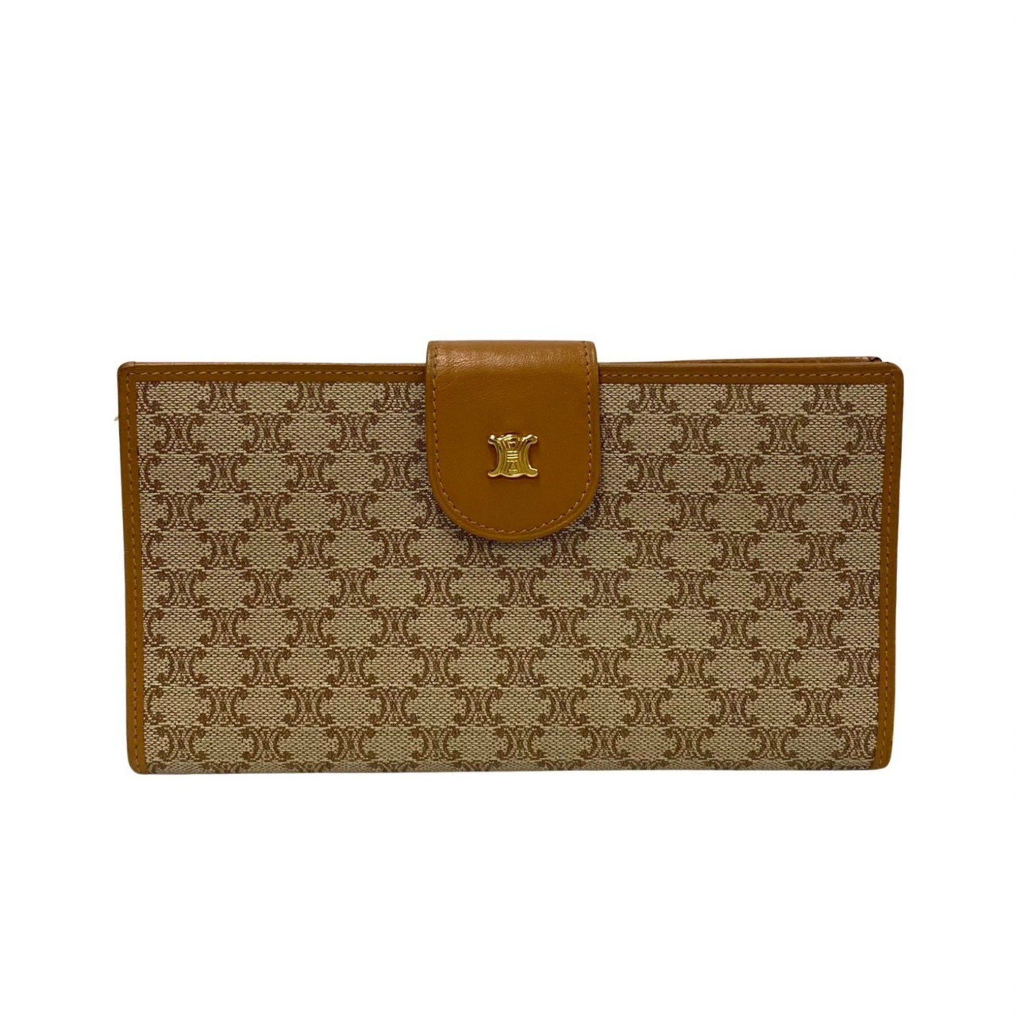 image of Celine Macadam Blason Triomphe Pattern Leather Bi-Fold Long Wallet Beige 43633, Women's