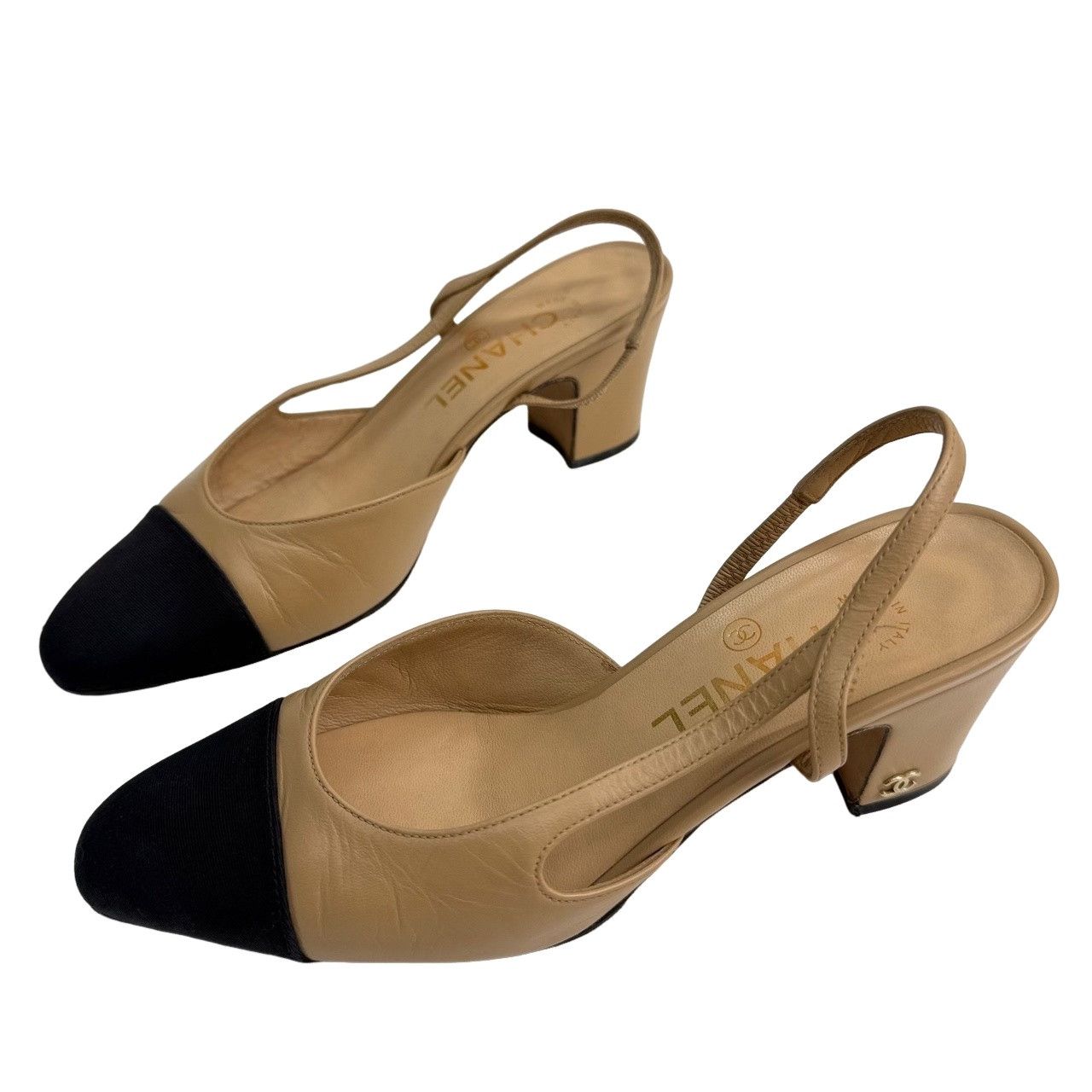 Chanel Chanel Beige Black Cap-Toe Slingback Heels Size 36 Size US 6 / IT 36 - 1 Thumbnail