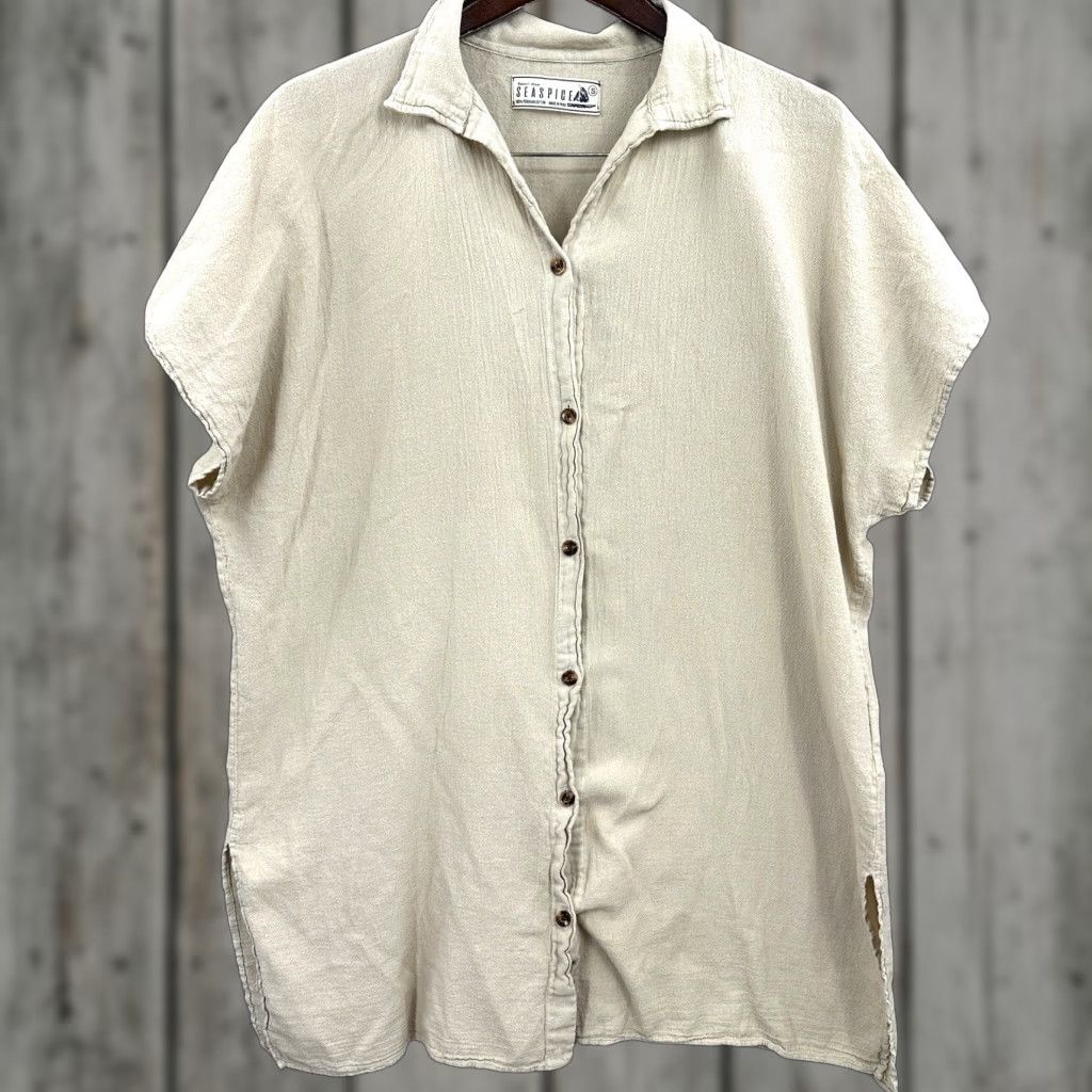 Vintage Seaspice Resort Blouse Women Small Beige Cotton Casual Tunic Short Sleeve Bohemian Designer Size S / US 4 / IT 40 - 1 Thumbnail