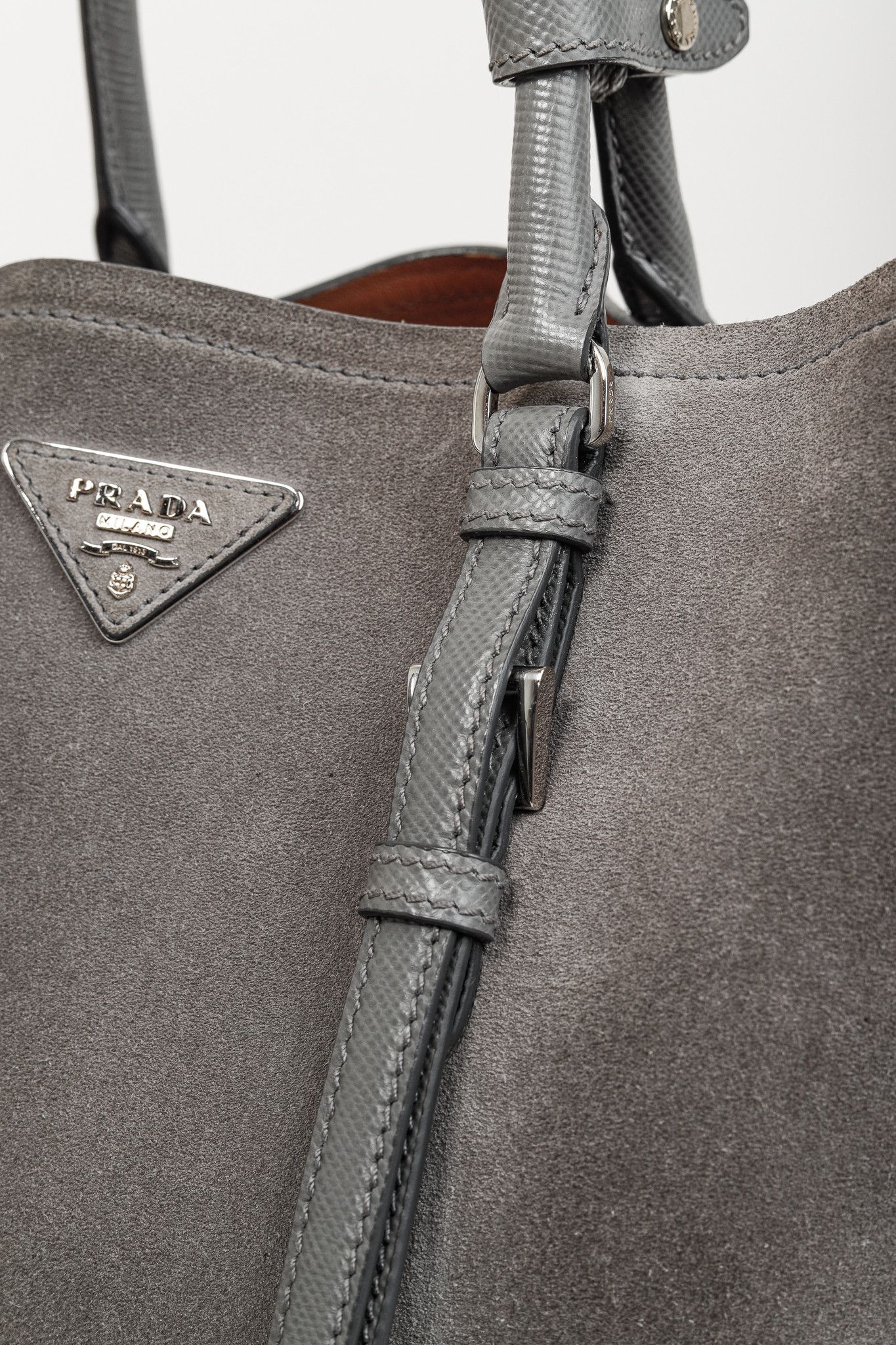 Prada Prada Acciaio Scamosciato Grey Suede Double Bag Tote Size ONE SIZE - 13 Thumbnail