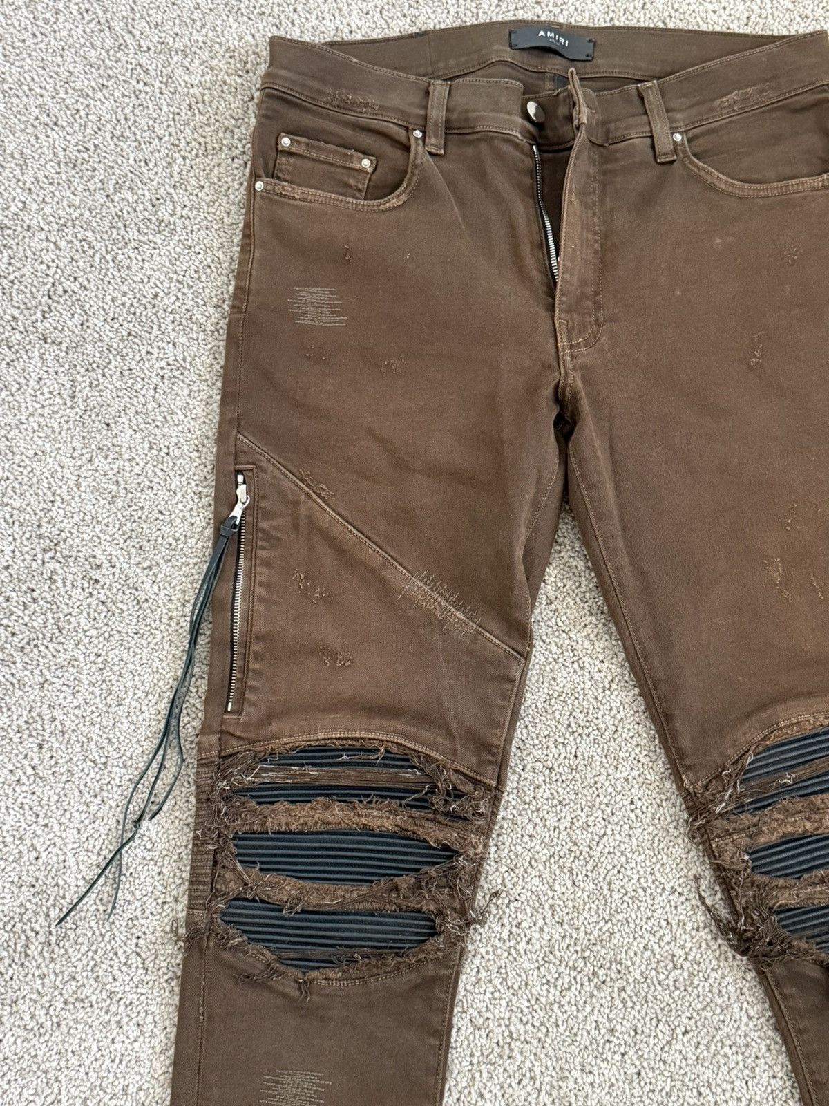 Amiri Amiri Brown Distressed Leather Biker Denim ⛓️®️🚨 Size US 31 - 2 Thumbnail