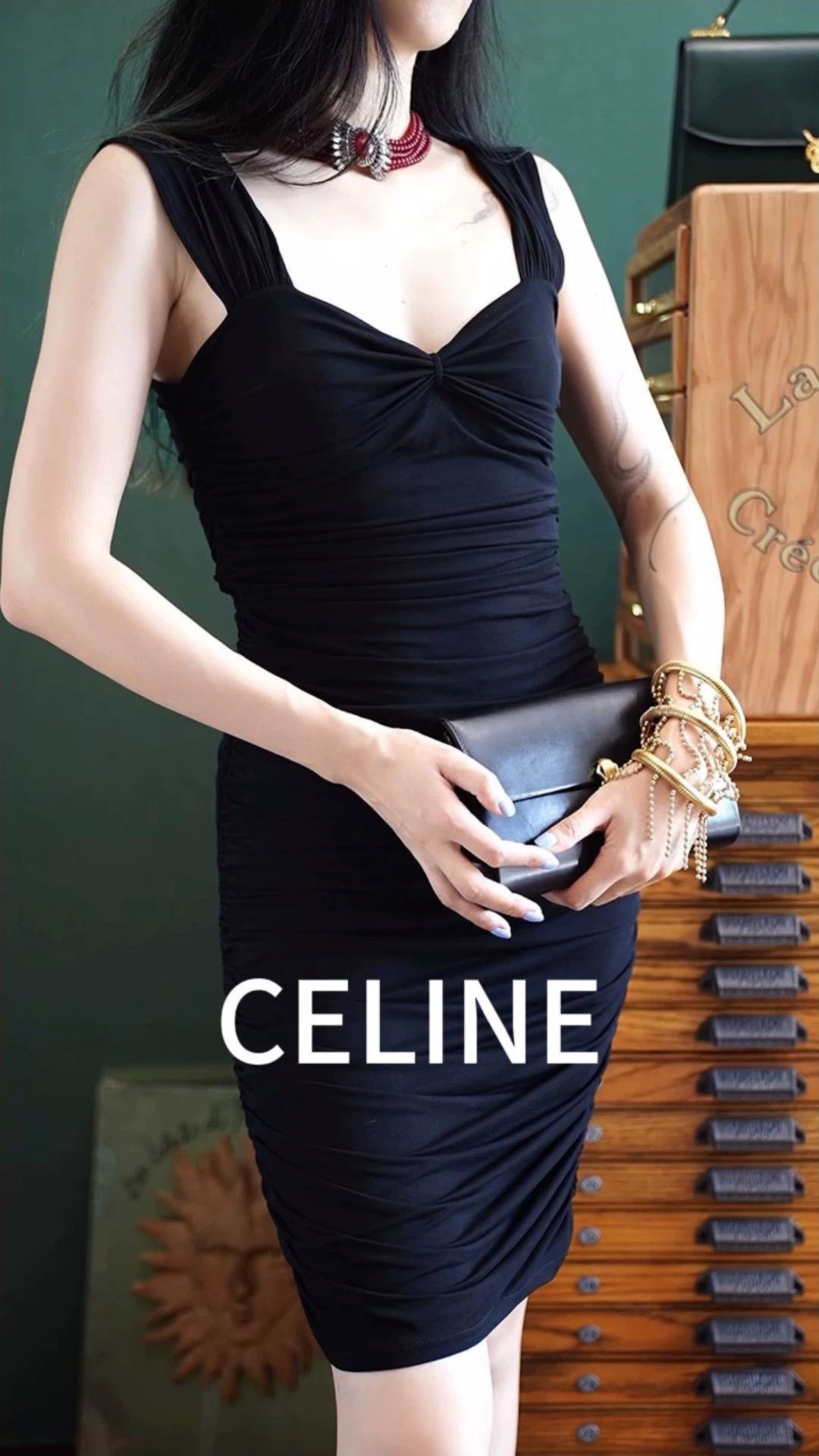 Celine Celine Vintage Black Pleated Stretch LBD Size M / US 6-8 / IT 42-44 - 1 Thumbnail