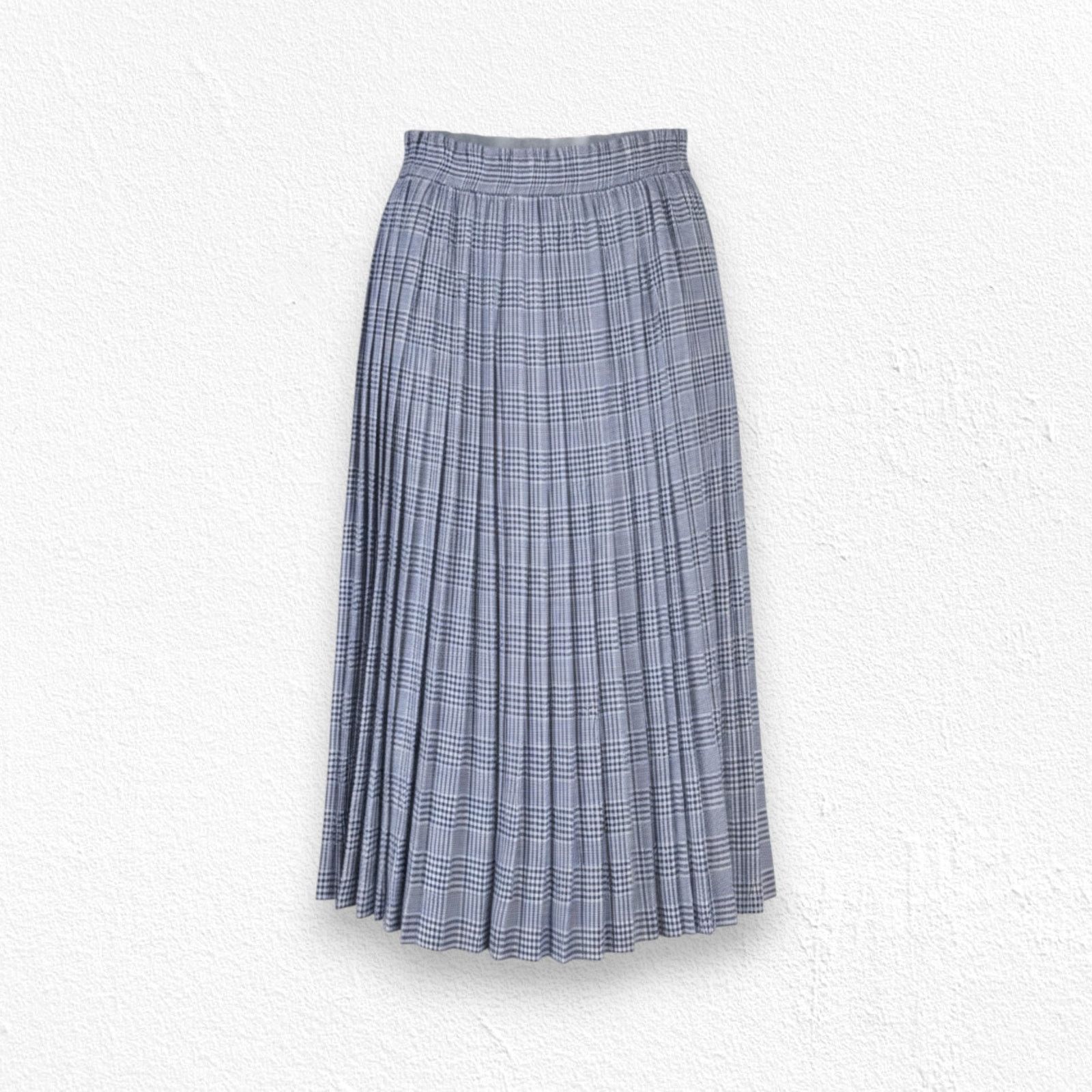 Vintage Blue White Plaid Linen Blend Pleated Skirt Size 10