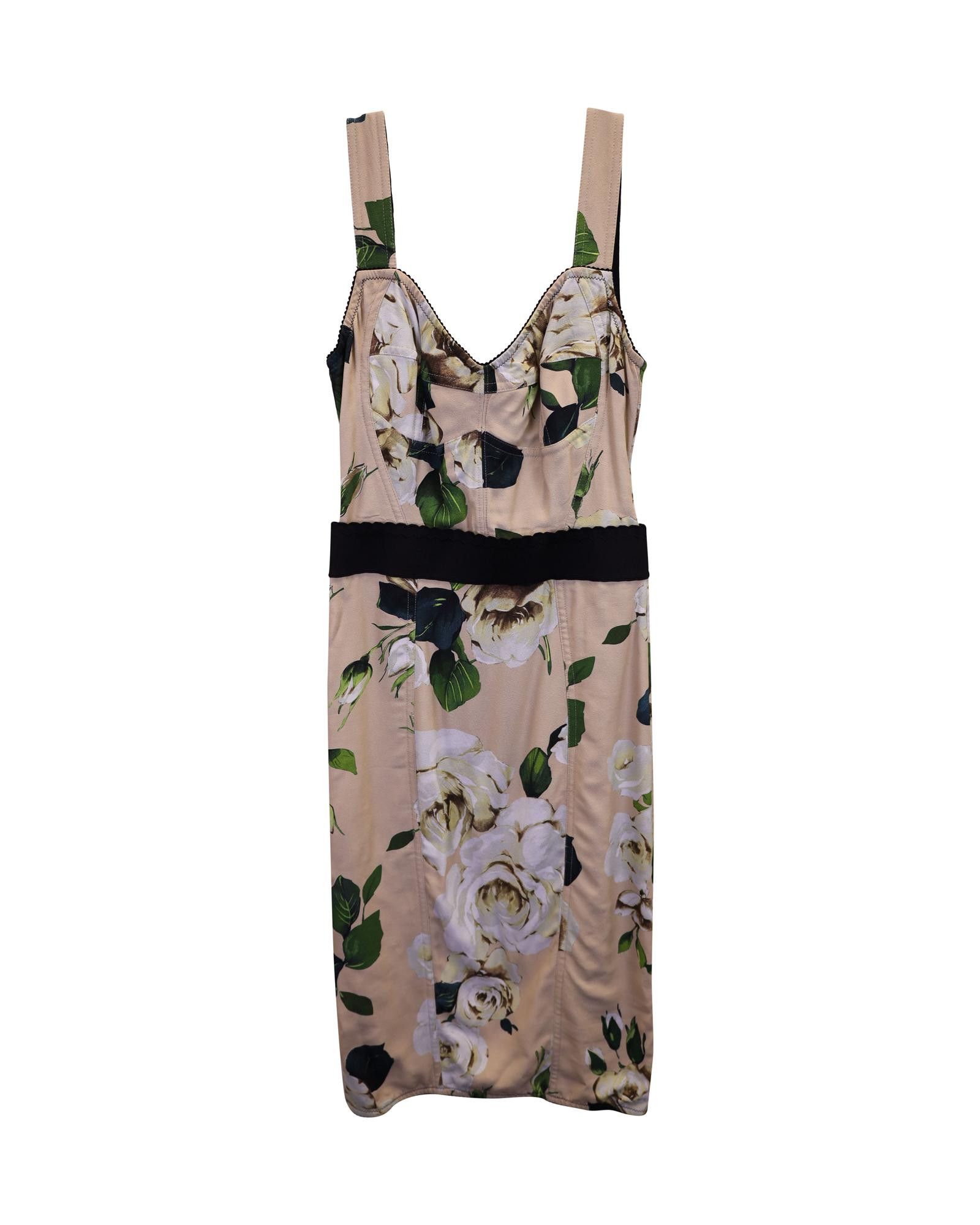 image of Dolce Gabbana Floral-Print Bustier Dress In Cream Cotton in White/Cream, Women's (Size Small)