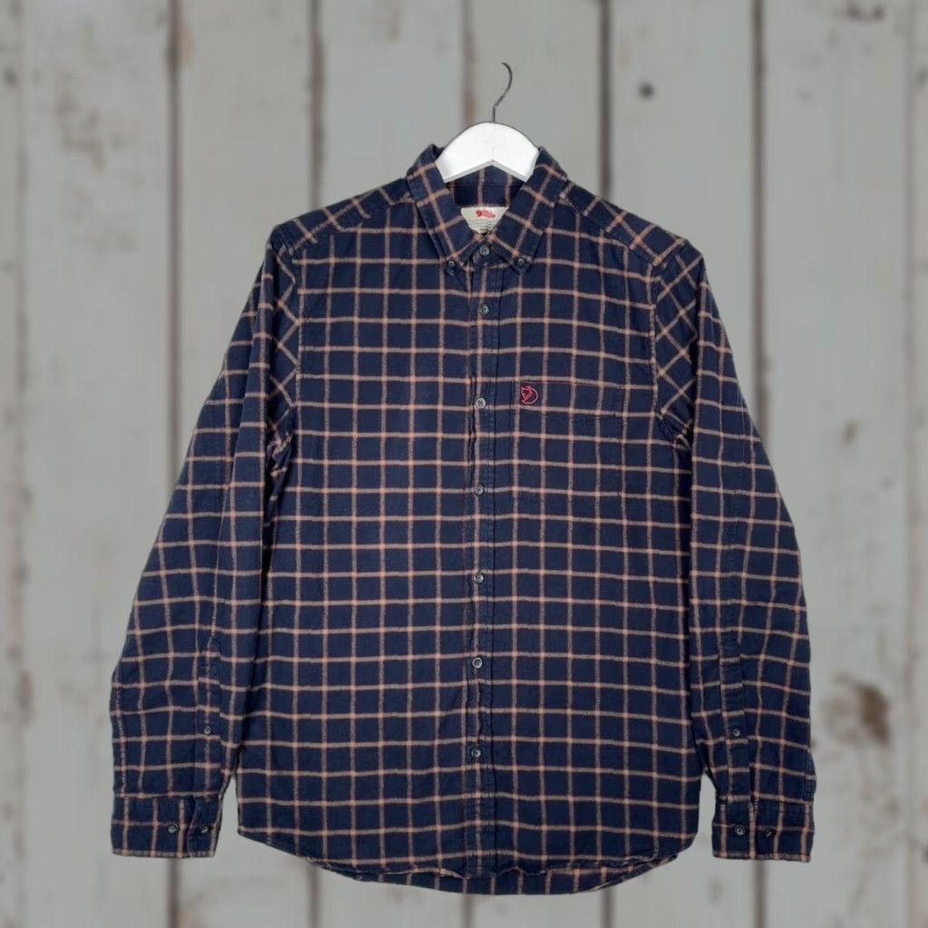 FJALL RAVEN Ovik Flannel Button Up Shirt - Medium - Navy Blue Brown Plaid Cotton - Men - M - Long Sleeve - Button-Up - Plaid - Raven - Regular - Shirt