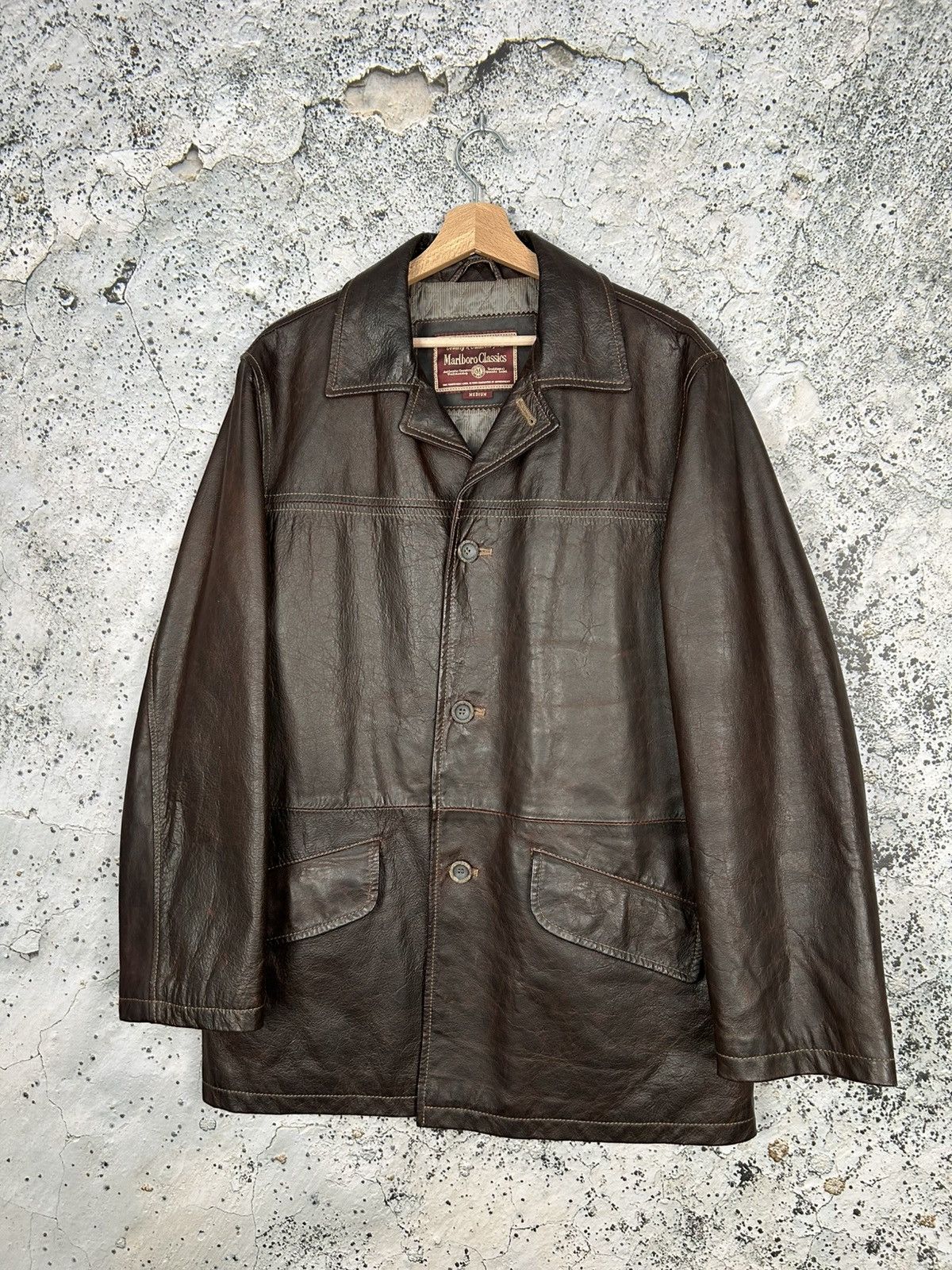 Vintage Marlboro Classic Brown Leather Coat Jacket Grunge