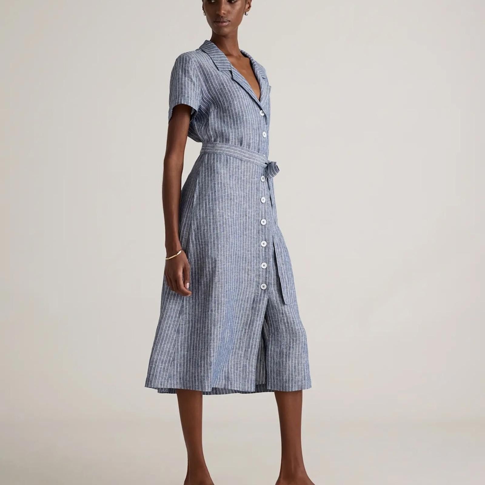 Quince Chambray Stripe Linen Button Front Dress Size S / US 4 / IT 40 - 3 Thumbnail