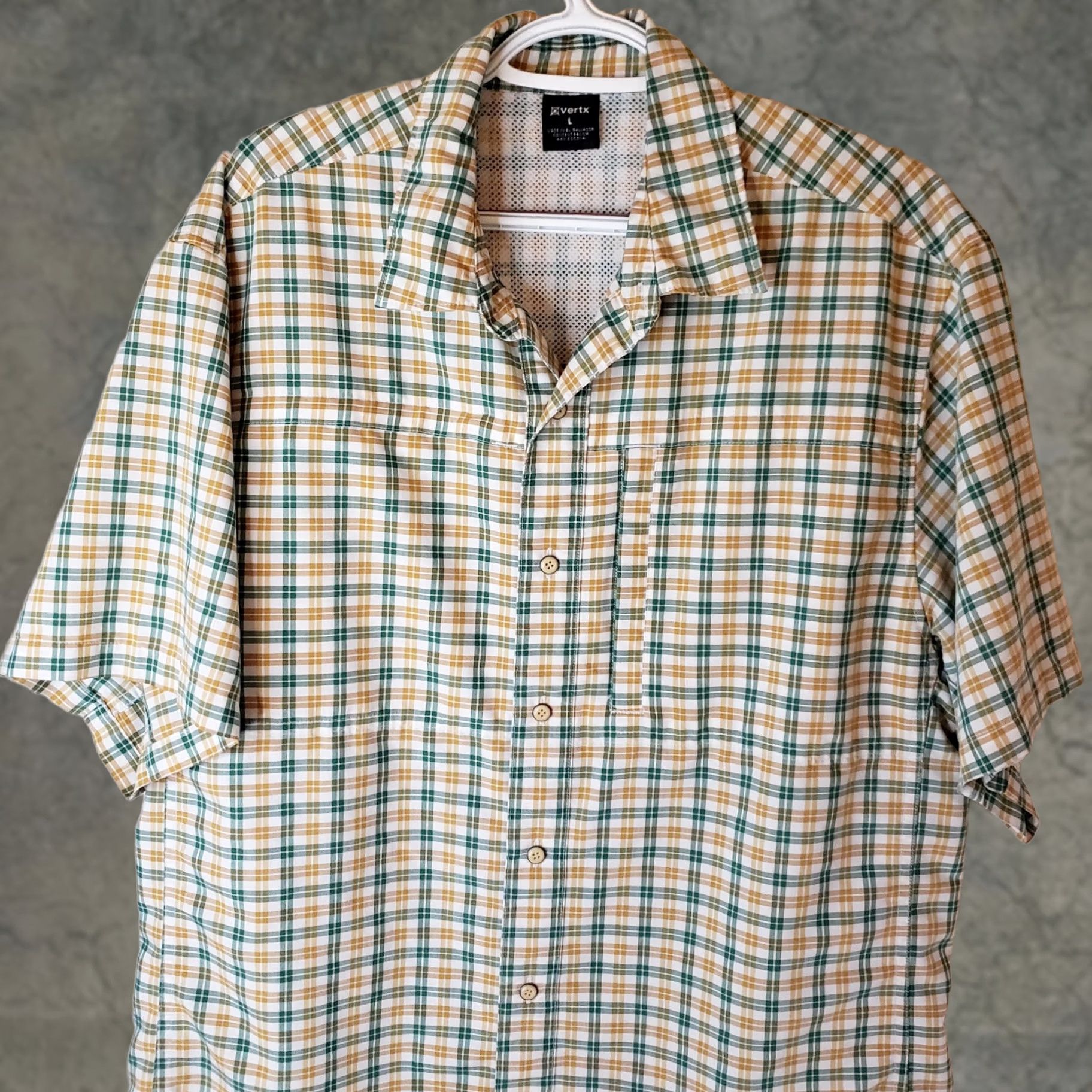 Vintage Vertx Stretch Shirt Mens Medium Green Tan Check Vented Back Conceal Carry Button-Up Short Sleeve Collared Cotton Blend Casual Workwear 42 Chest Mens Size US M / EU 48-50 / 2 - 1 Thumbnail