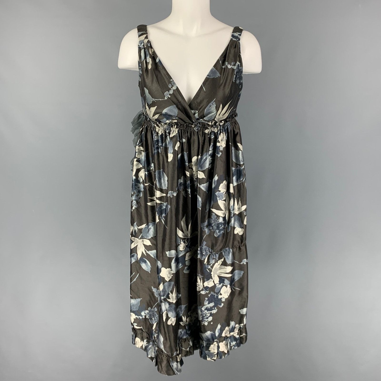 Vera Wang VERA WANG Size 4 Slate Cream Silk Floral Ruched Dress Size S / US 4 / IT 40 - 1 Thumbnail