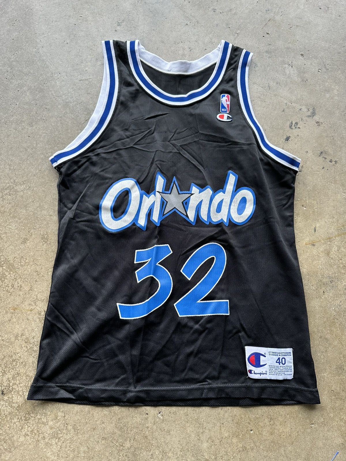 Image of Champion x NBA 90’S Orlando Magic Shaquille O’Neal 32 Hersey in Black, Men's (Size Small)