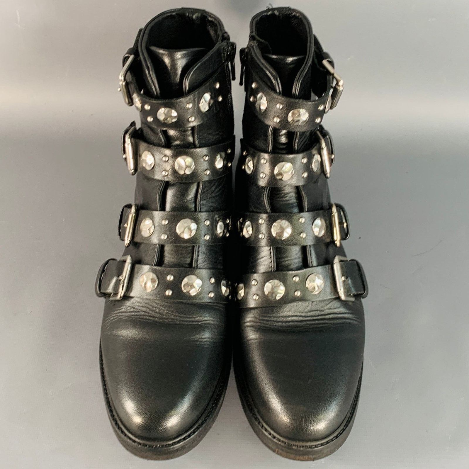 Maje Black Leather Studded Belted Side Zipper Military Ankle Size US 9 / IT 39 - 3 Thumbnail