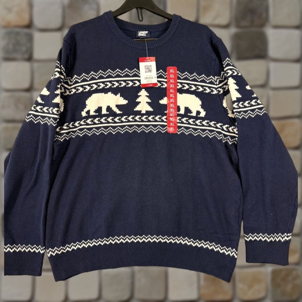 Lands' End Lands' End Sweater Mens XL 46-48 Blue Fair Isle Polar Bear Holiday Crew Neck NWT Size US XL / EU 56 / 4 - 1 Thumbnail