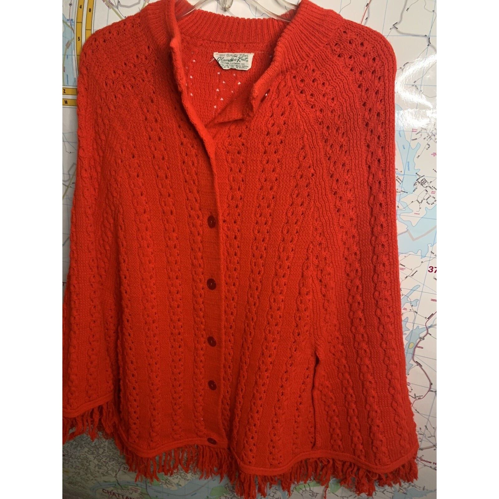Vintage Vintage Glamour Knit Poncho Ladies Red Cape One Size Size ONE SIZE - 5 Thumbnail
