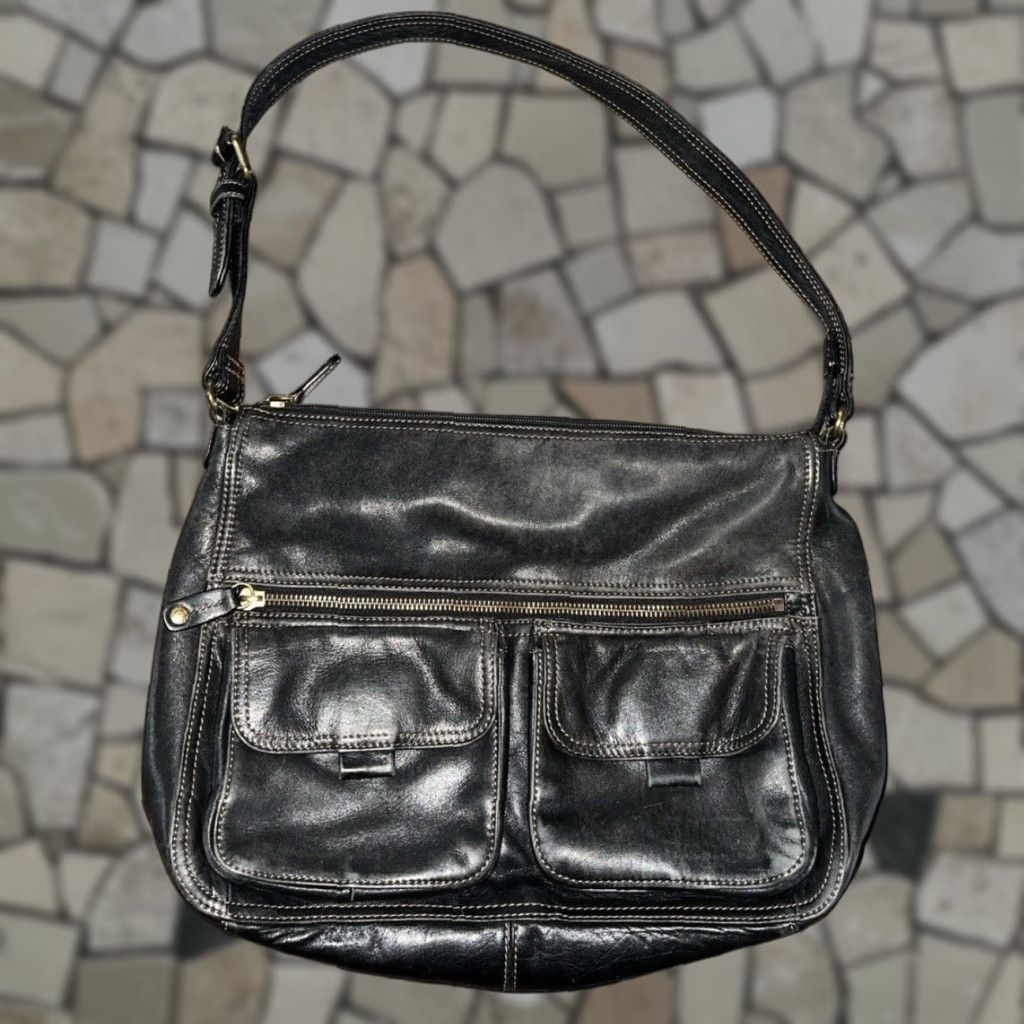 Fossil Black Leather Small Shoulder Bag With Id Slot, Zip Closure, Gold Hardware, Casual, Womens
