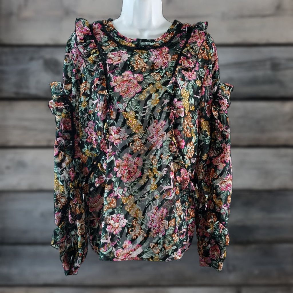 Topshop Topshop Womens Blouse Size 12 Pink Green Floral Ruffle Sheer Long Sleeve Shirt Womens Size XL / US 12-14 / IT 48-50 - 1 Thumbnail