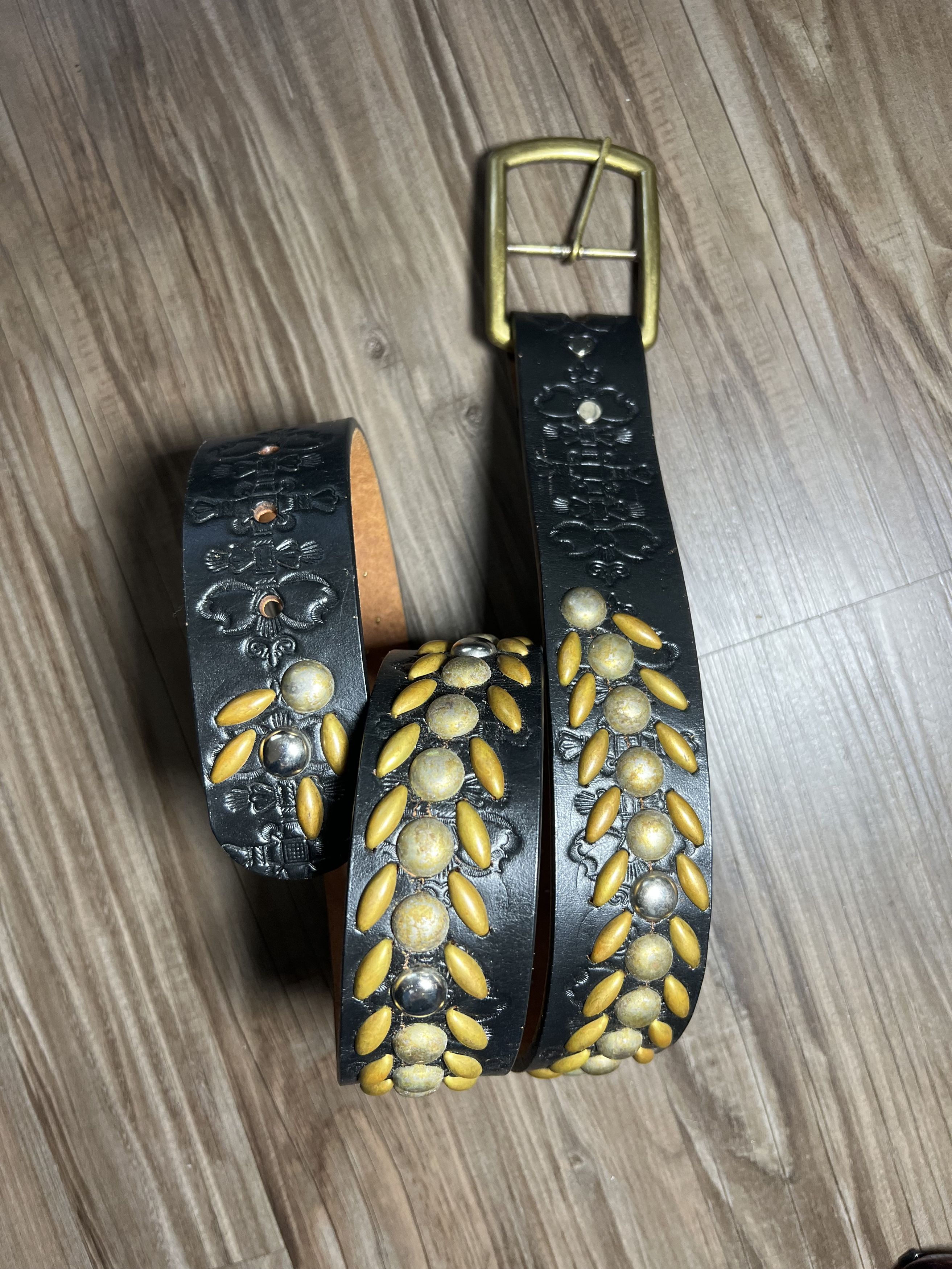 image of Black Tooled Leather Studded Belt, Men's (Size 40)
