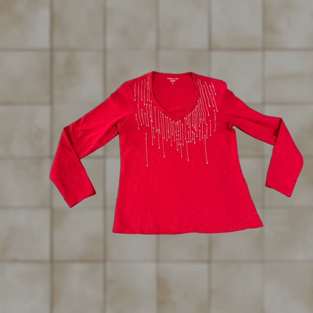Coldwater Creek Coldwater Creek Blouse Shirt Womens Small Red Embellished Long Sleeve V-Neck Pullover Casual Knit Cotton Regular Stretch Vintage: No Size S / US 4 / IT 40 - 1 Thumbnail