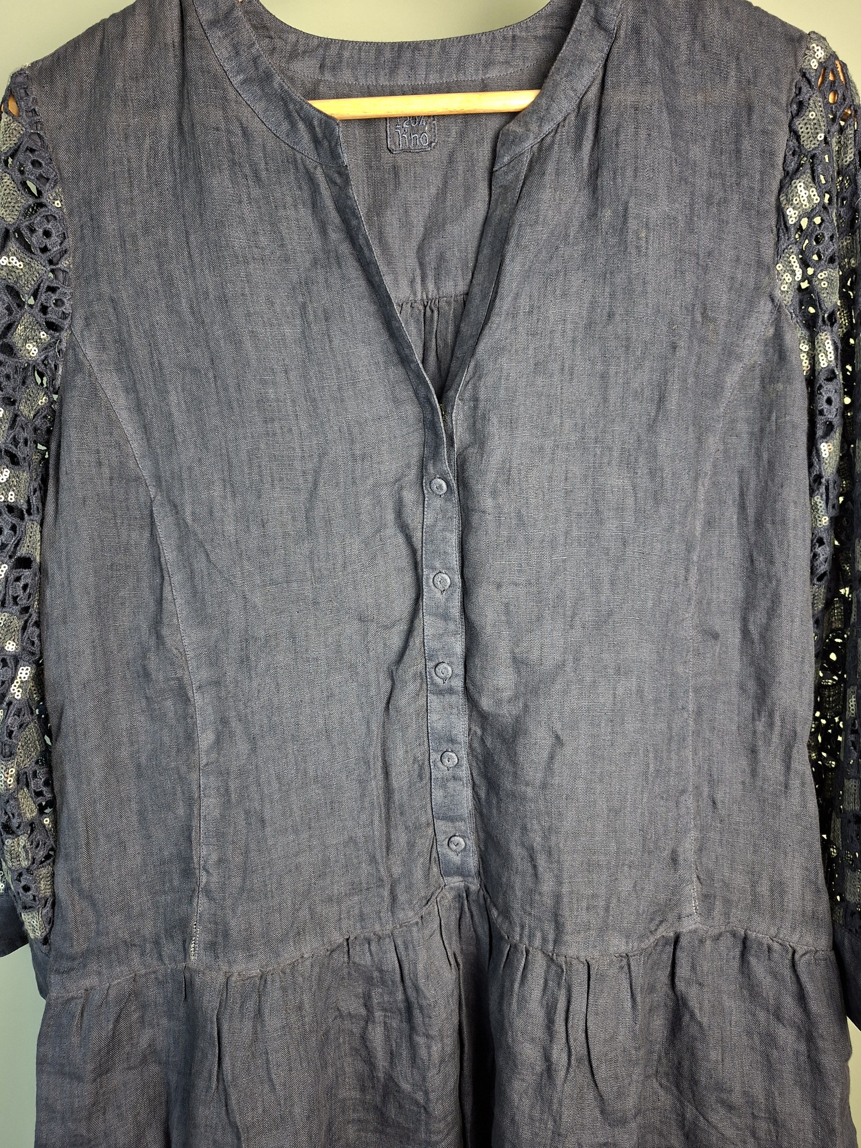 120% Lino 120% Lino Blue Linen Sequin Crochet Sleeve Shift Dress Size M / US 6-8 / IT 42-44 - 7 Thumbnail