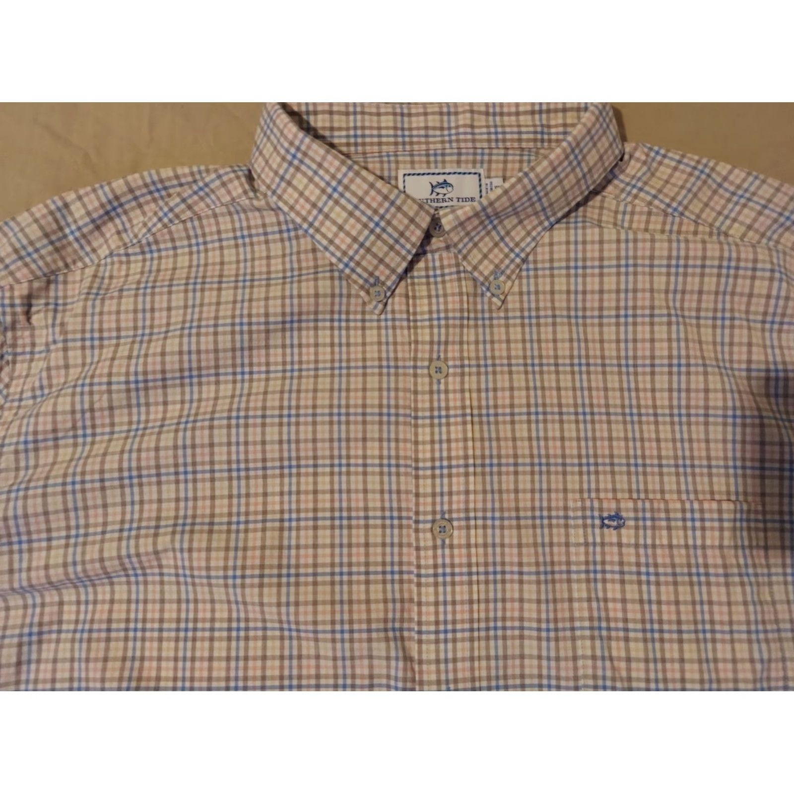 Southern Tide Mens Southern Tide Dress Shirt Button-Up 2XL Khaki Beige Plaid Long Sleeve Casual Mens Shirt Size 48R - 2 Thumbnail