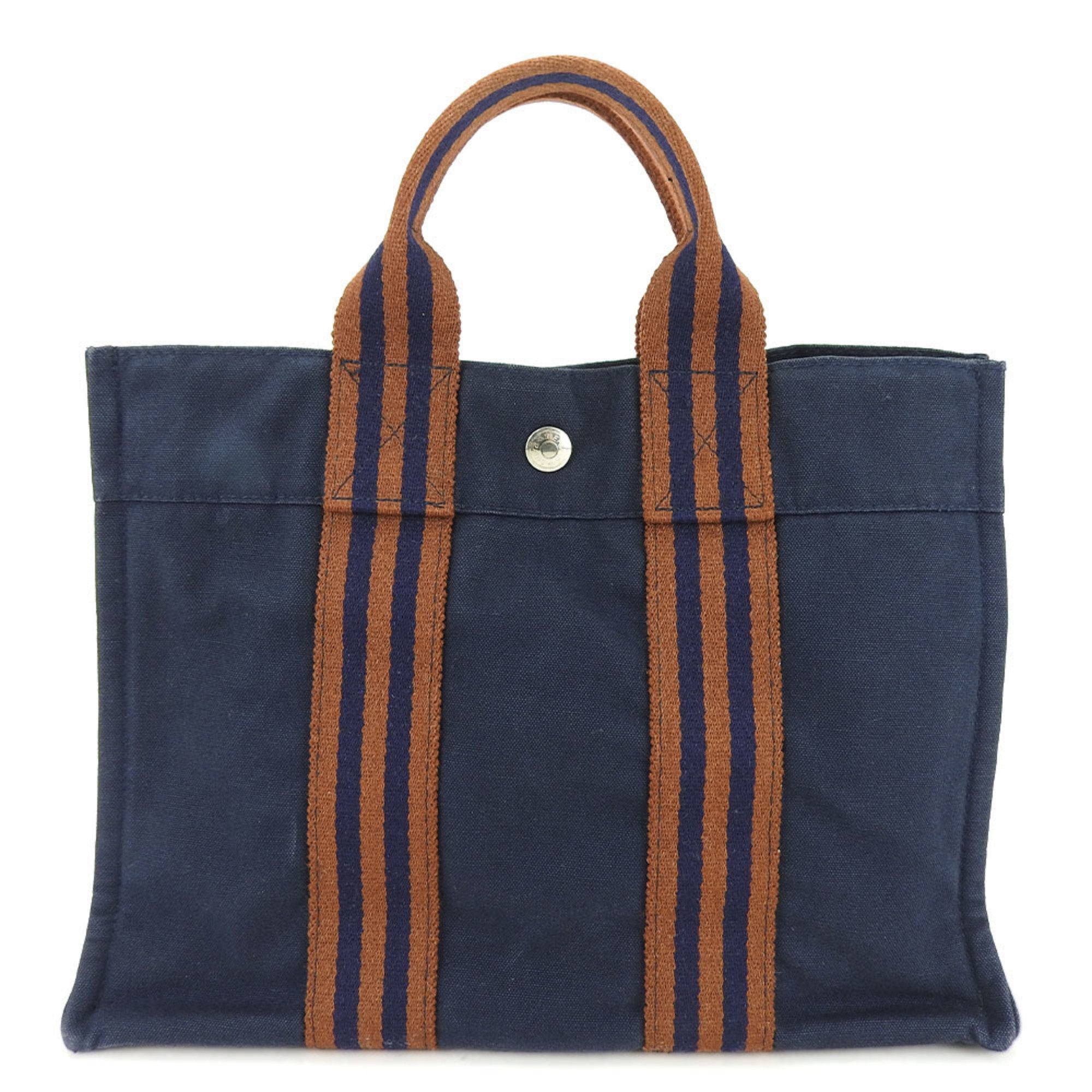 image of Hermes Tote Bag Foult Pm Canvas Navy Brown Women's Men's Hermes