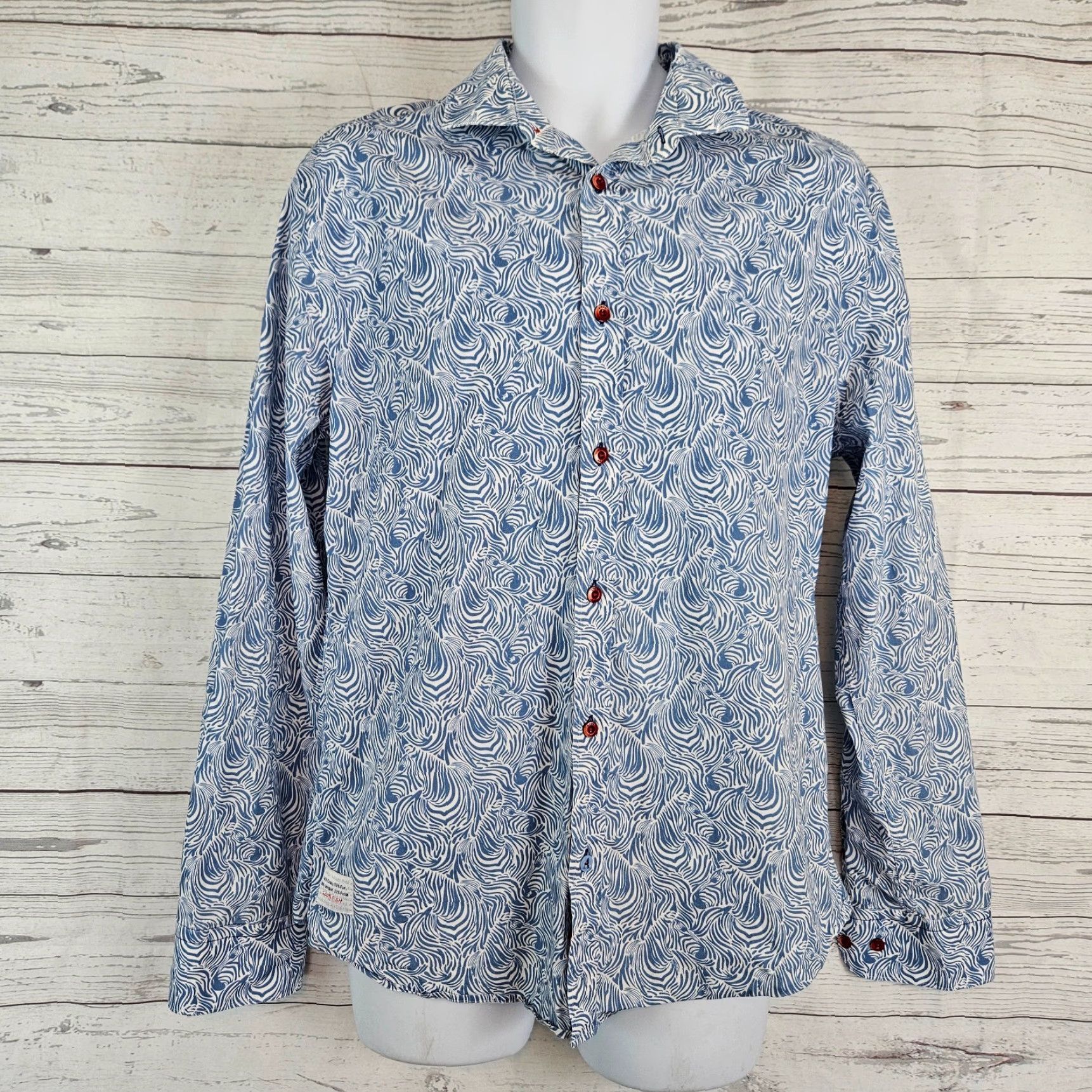 FRED A Fish Named Fred Mens Button Up Shirt Zebra All Over Print Blue Sz M Size US M / EU 48-50 / 2 - 2 Thumbnail