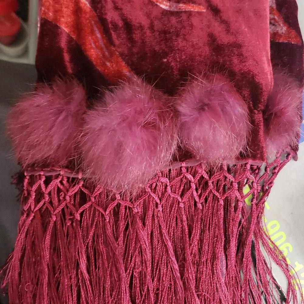 Designer CT1770 Red & Burgundy Wrap Fringed with Pom Poms Size ONE SIZE - 6 Thumbnail