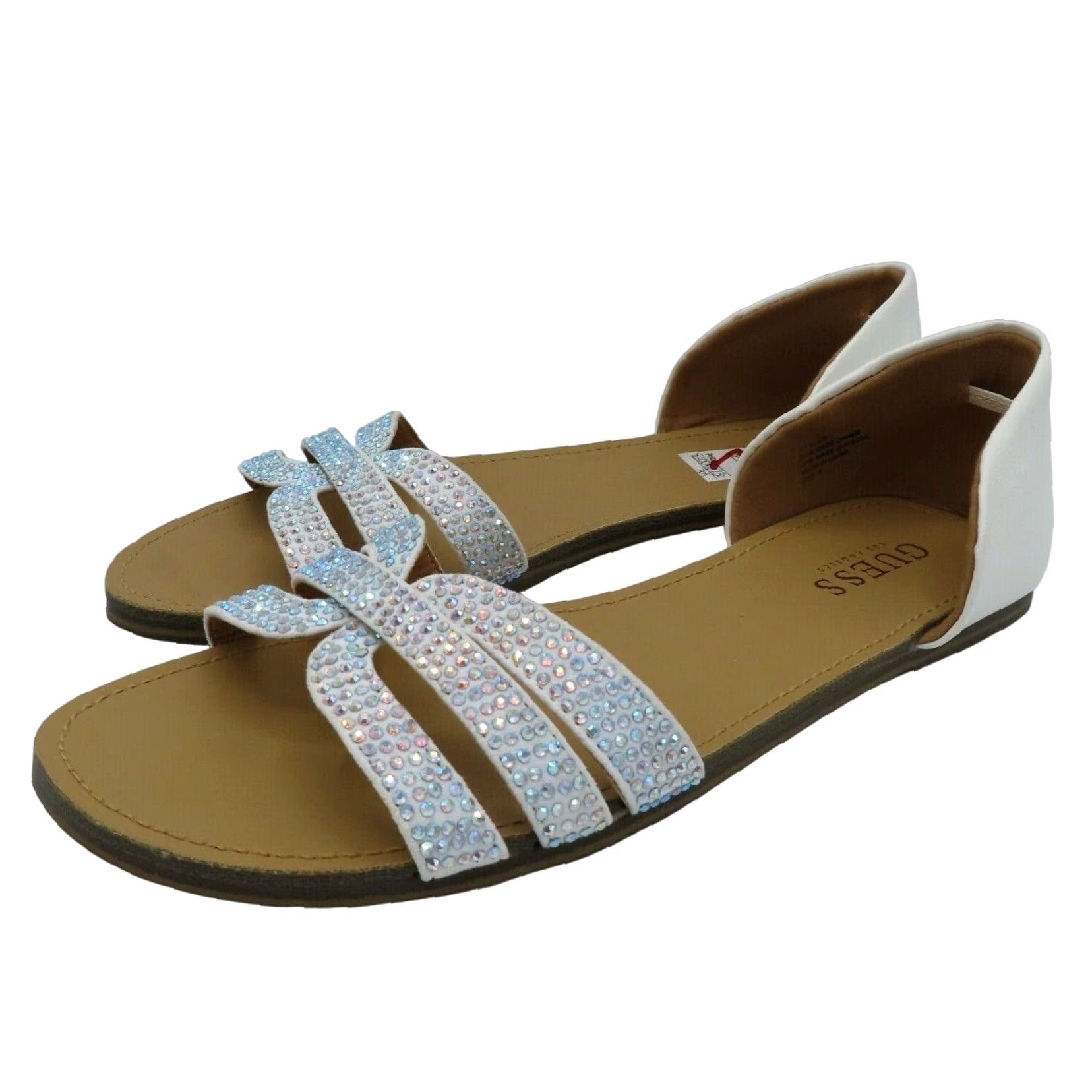 Guess GUESS Womens 8 ELIZE Iridescent Rainbow Rhinestone Flat Sandals Faux Leather Sandal Womens Width M, Slip On, Flat, Rhinestone, Faux Leather, 8, White Size US 8 / IT 38 - 2 Thumbnail
