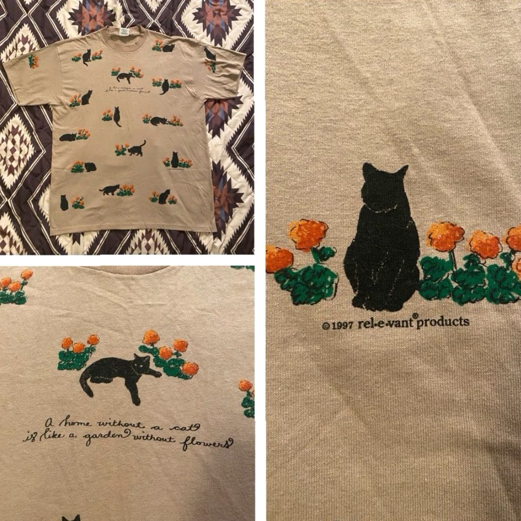 Vintage VINTAGE Rel-E-Vant T-Shirt Cats & Flowers AOP Beige Adult XL Men Short Sleeve Crew Neck 90s Size US XL / EU 56 / 4 - 2 Thumbnail