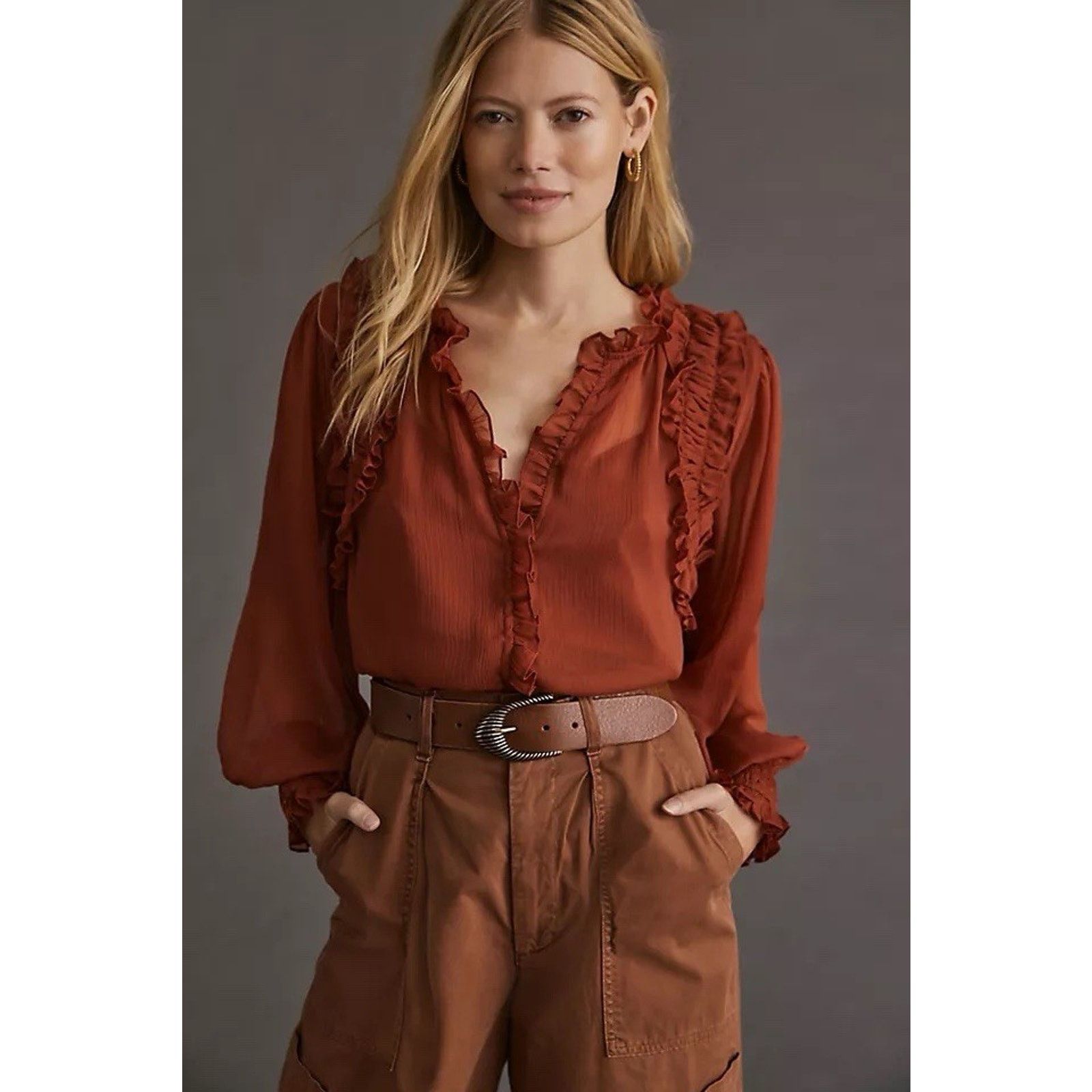 ANTHROPOLOGIE Forever That Girl Orange Ruffle Sheer Blouse M