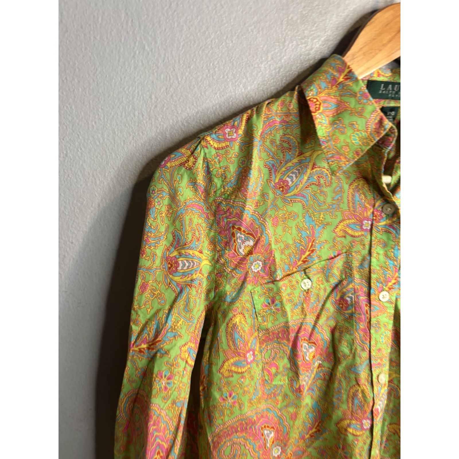 Ralph Lauren Lauren Ralph Lauren Shirt Womens Petite XS Green Paisley Button Long Sleeve Size XS / US 0-2 / IT 36-38 - 2 Thumbnail