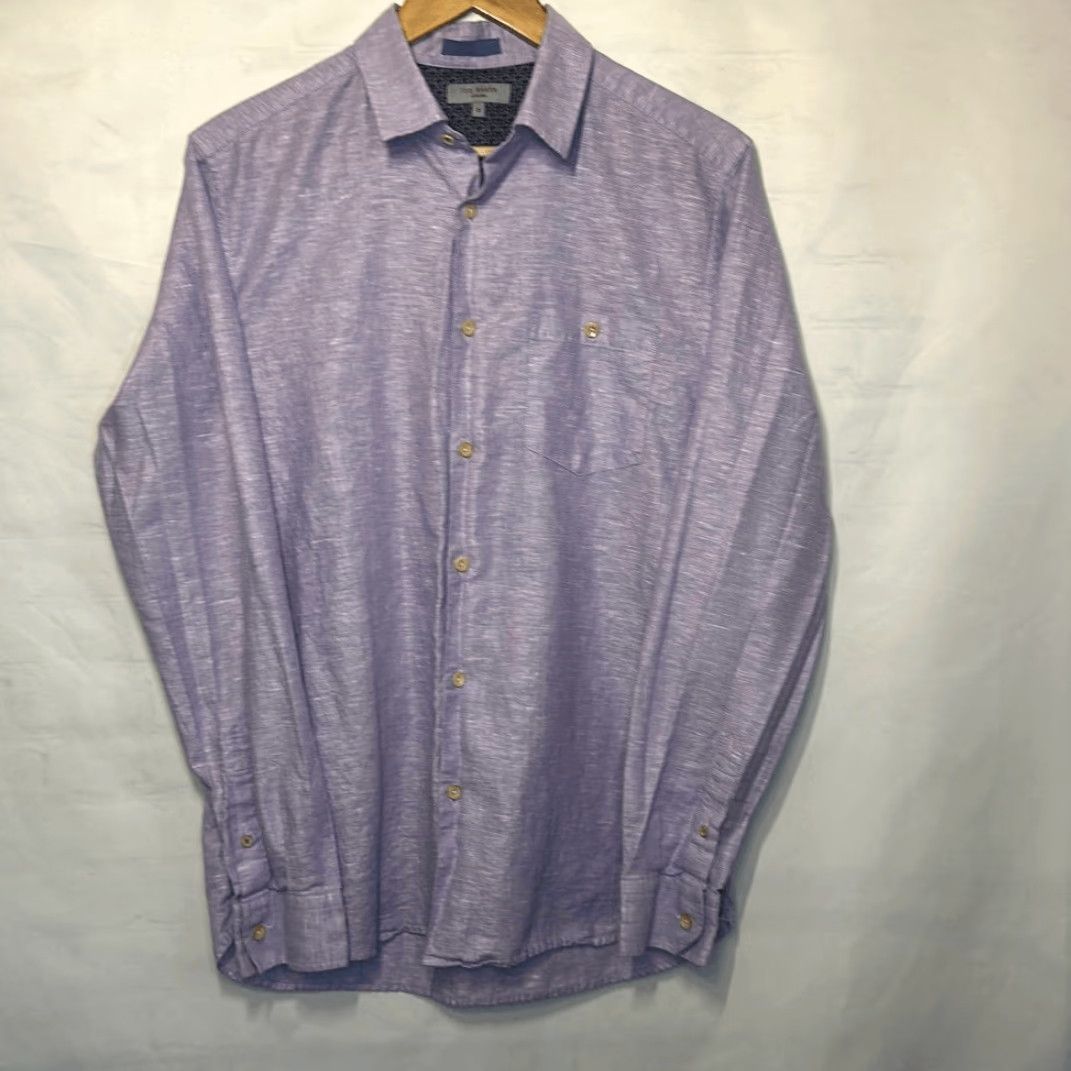 Ted Baker Ted Baker London Mens Purple Long Sleeve Linen Blend Dress Shirt M Size 40R - 2 Thumbnail